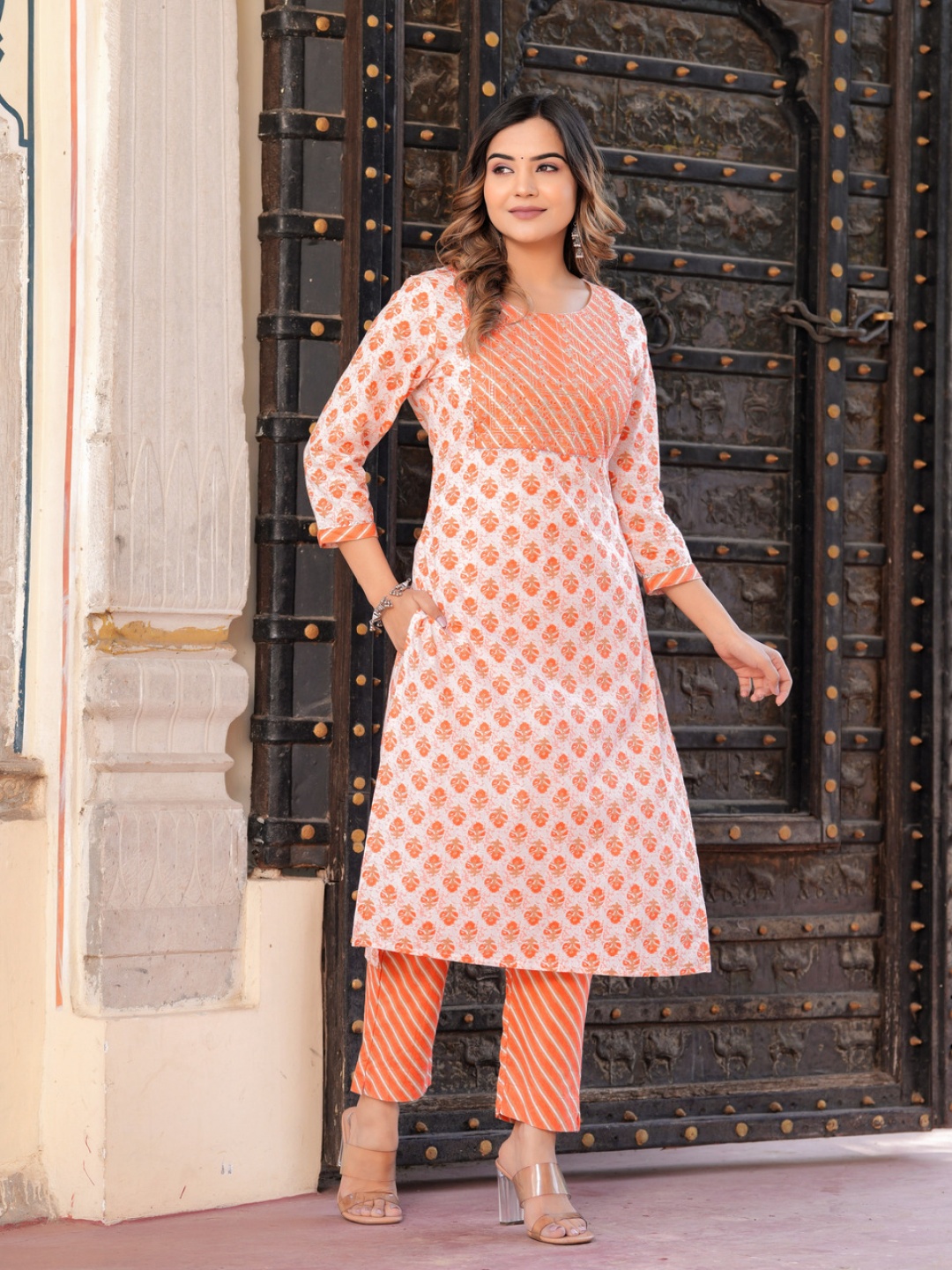 Chandbaali Floral Printed Sequinned Pure Cotton Kurta with Trousers & Dupatta, Orange
Chandbaali Floral Printed Sequinned Pure Cotton Kurta with Trousers & Dupatta, Orange