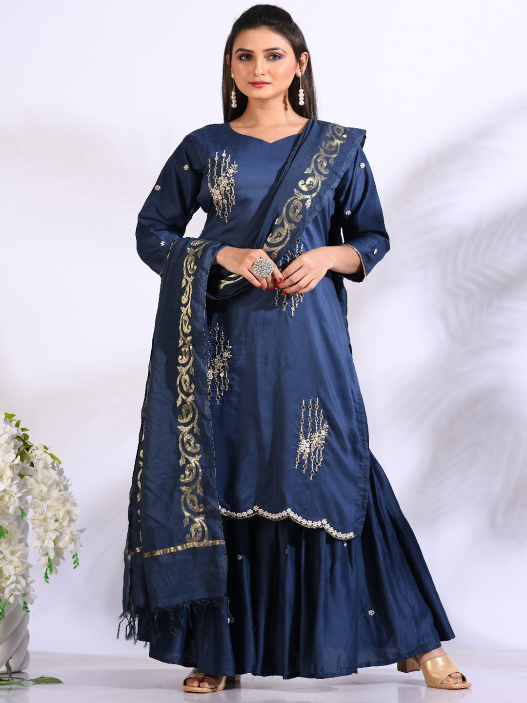 Morchari Embroidered Pure Silk Straight Kurta With Sharara & Dupatta Set, Blue
Morchari Embroidered Pure Silk Straight Kurta With Sharara & Dupatta Set, Blue
