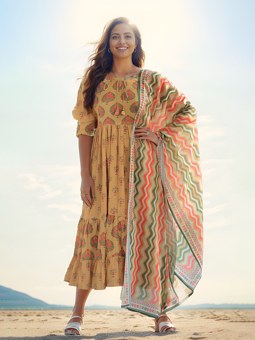 ZIRVI Ethnic Motifs Printed Tie-Up Neck Pure Cotton Fit & Flare Ethnic Dress With Dupatta, Mustard
ZIRVI Ethnic Motifs Printed Tie-Up Neck Pure Cotton Fit & Flare Ethnic Dress With Dupatta, Mustard