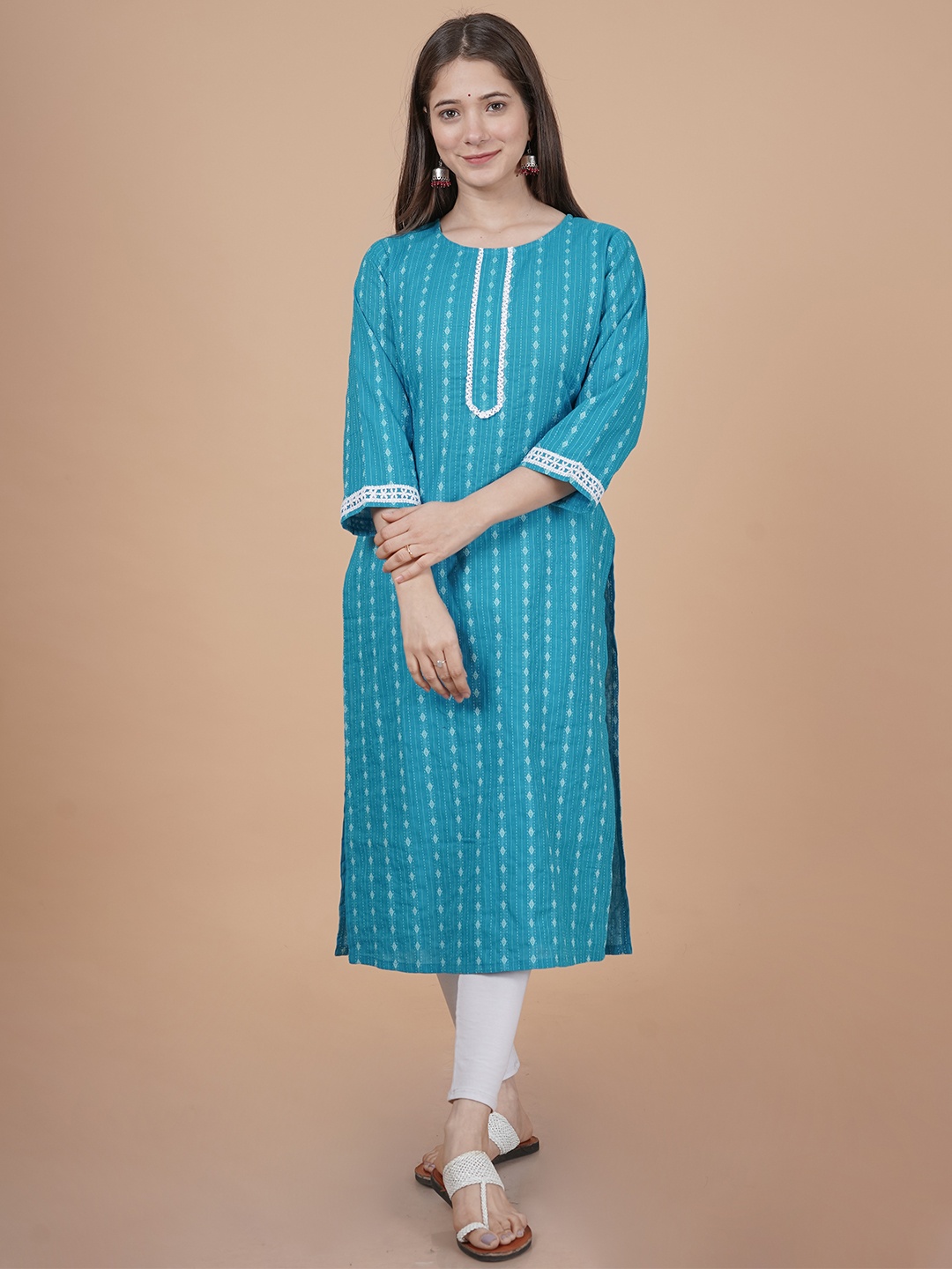 INDIANIC Women Geometric Flared Sleeves Thread Work Lace Frills Bows and Ruffles Kurta, Blue
INDIANIC Women Geometric Flared Sleeves Thread Work Lace Frills Bows and Ruffles Kurta, Blue