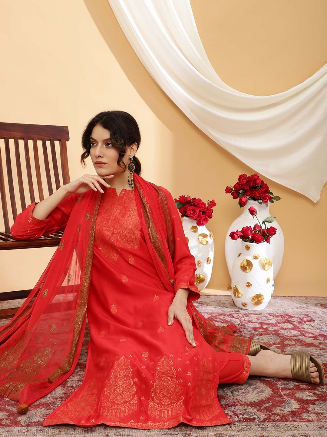 Sangria Ethnic Motifs Woven Design Notch Neck Straight Kurta With Trousers & Dupatta, Red
Sangria Ethnic Motifs Woven Design Notch Neck Straight Kurta With Trousers & Dupatta, Red