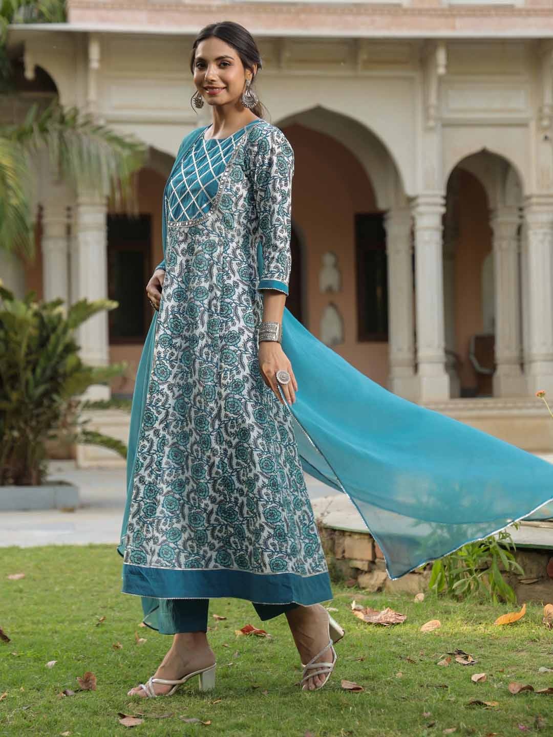 KALINI Floral Printed Gotta Patti Pure Cotton Anarkali Kurta With Trousers & Dupatta, Blue
KALINI Floral Printed Gotta Patti Pure Cotton Anarkali Kurta With Trousers & Dupatta, Blue