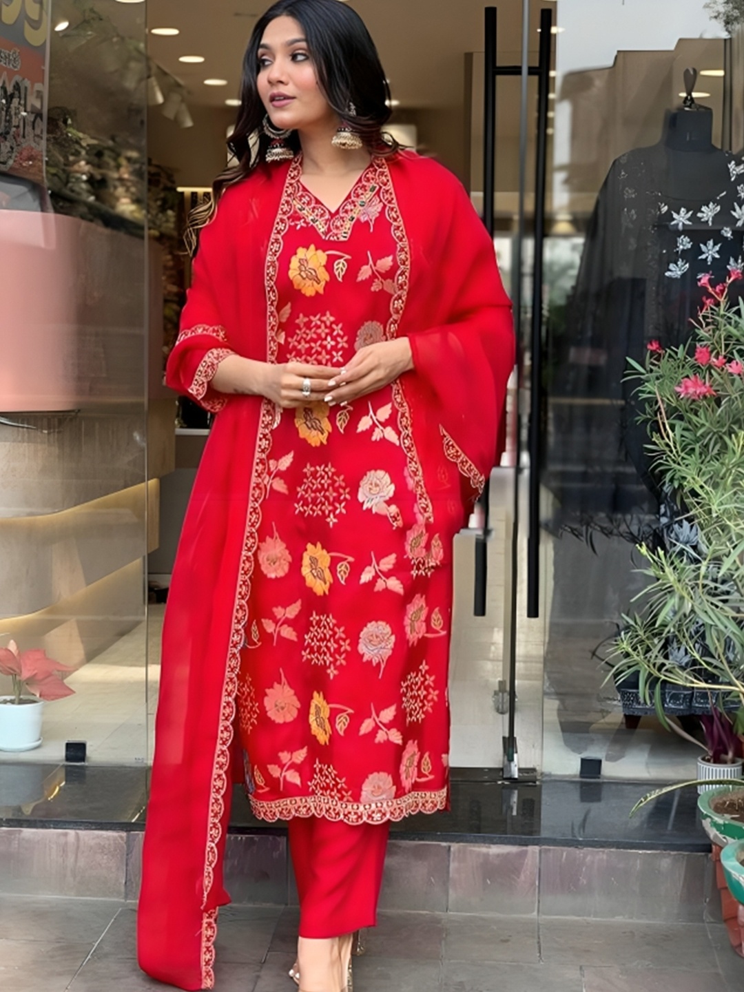 KALINI Women Floral Printed Regular Thread Work Kurta with Trousers & With Dupatta, Red
KALINI Women Floral Printed Regular Thread Work Kurta with Trousers & With Dupatta, Red