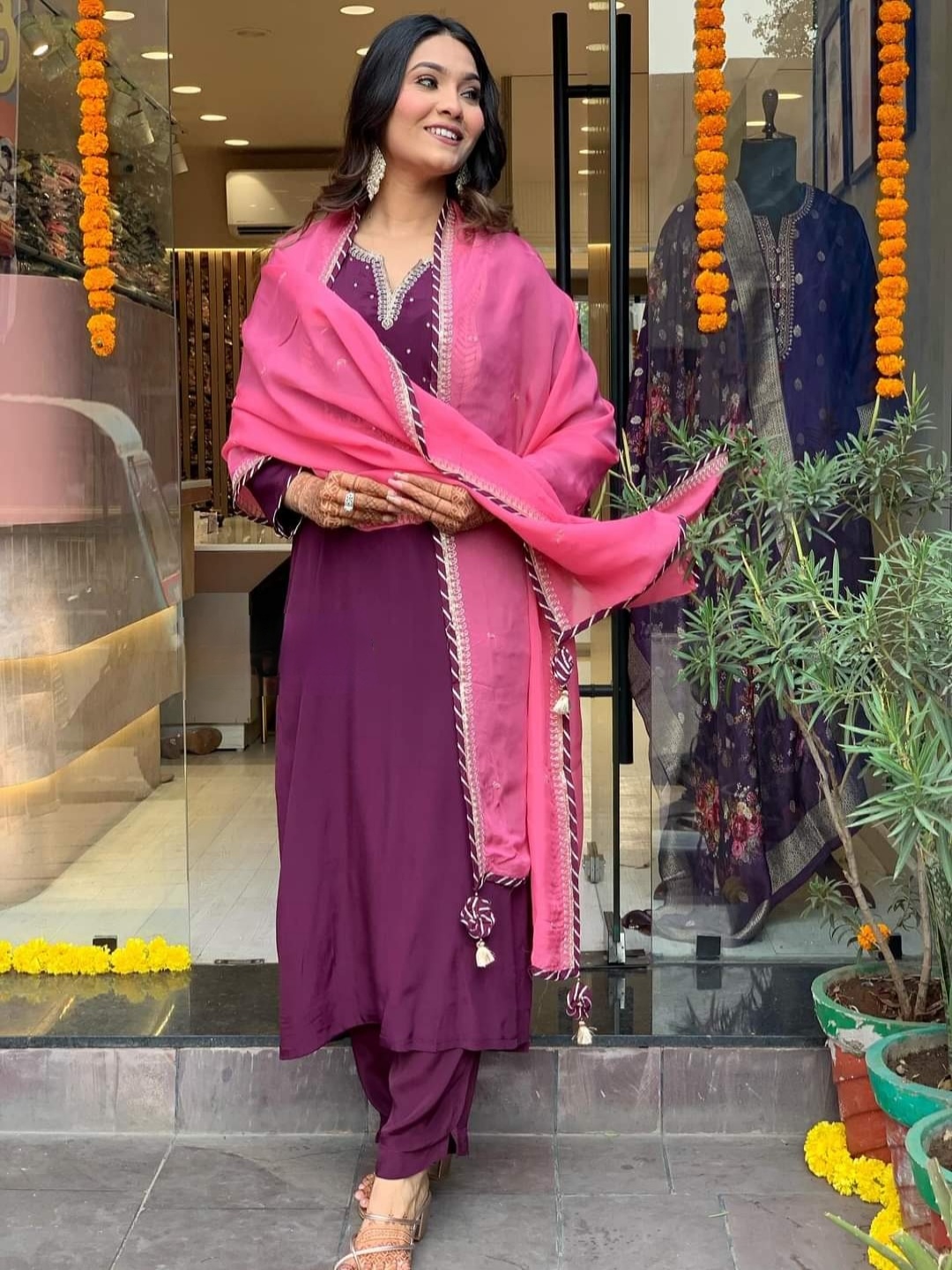 KALINI Ethnic Motifs Embroidered Chanderi Silk Kurta With Trousers & Dupatta, Magenta
KALINI Ethnic Motifs Embroidered Chanderi Silk Kurta With Trousers & Dupatta, Magenta