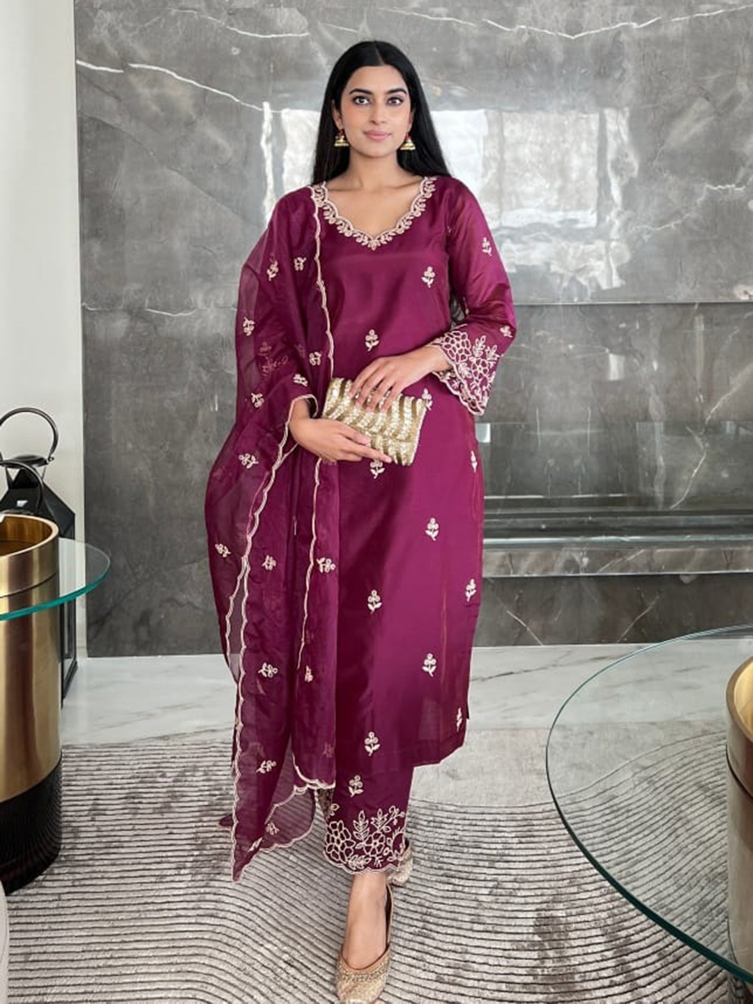 Royal Export Floral Embroidered Beads and Stones Straight Kurta With Trousers & Dupatta, Purple
Royal Export Floral Embroidered Beads and Stones Straight Kurta With Trousers & Dupatta, Purple