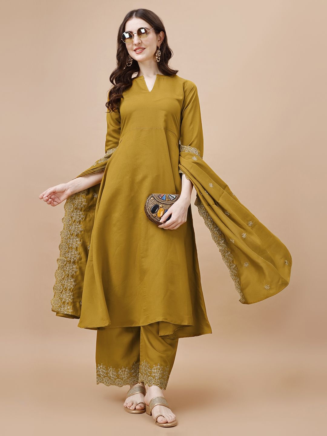 Hirvanti Fashion Embroidered Zari Notch Neck Anarkali Kurta with Palazzo And Dupatta, Mustard
Hirvanti Fashion Embroidered Zari Notch Neck Anarkali Kurta with Palazzo And Dupatta, Mustard