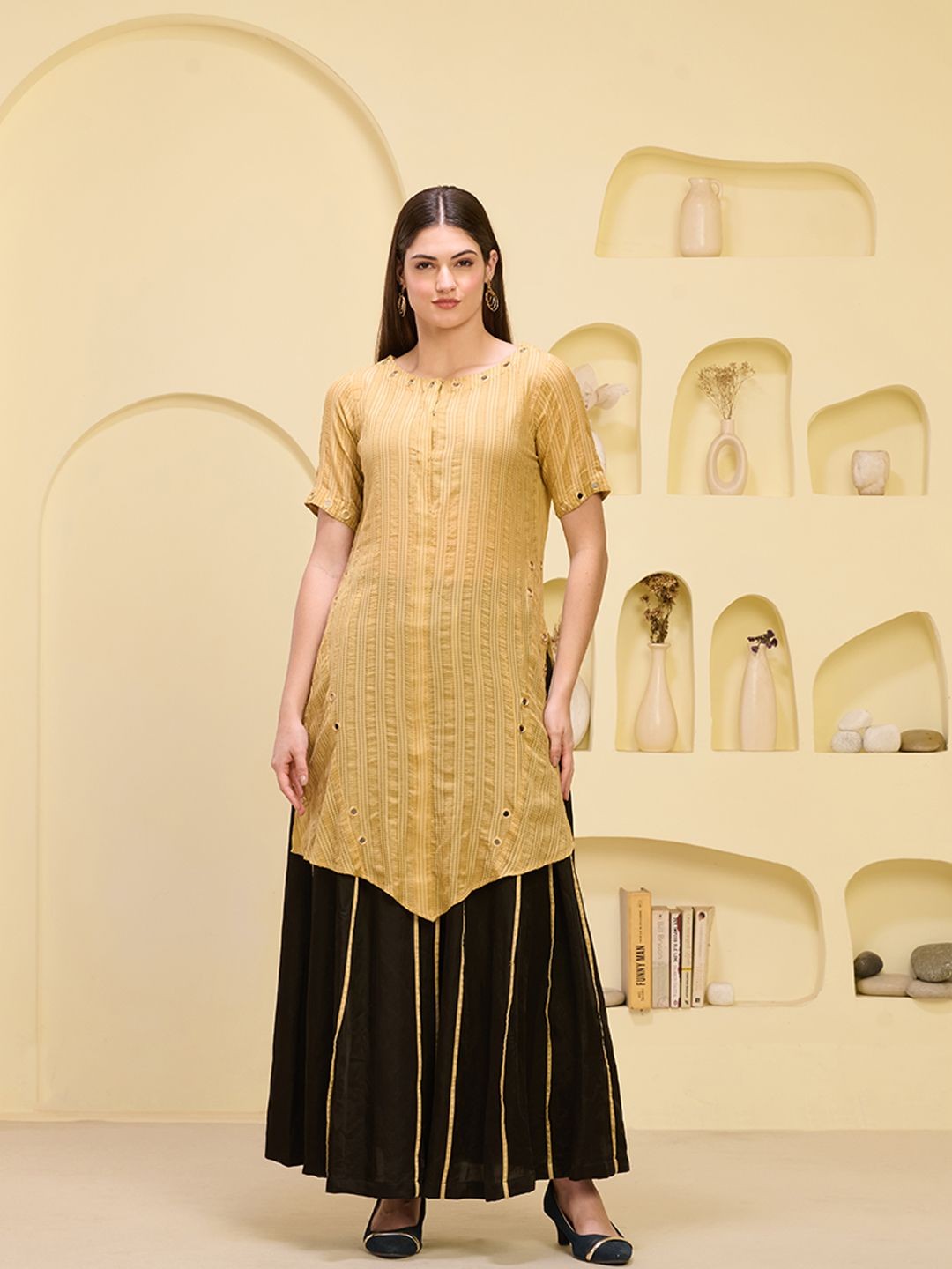 First Resort by Ramola Bachchan Striped Round Neck Mirror Work Pure Cotton Straight Kurta, Gold
First Resort by Ramola Bachchan Striped Round Neck Mirror Work Pure Cotton Straight Kurta, Gold
