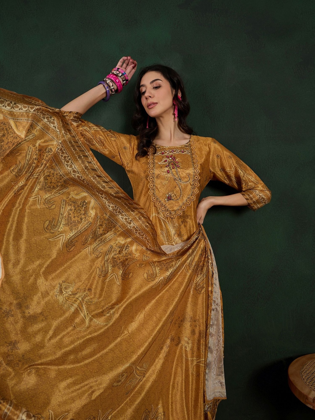 Sangria Floral Printed Embroidered Straight Kurta With Trousers and Dupatta, Yellow
Sangria Floral Printed Embroidered Straight Kurta With Trousers and Dupatta, Yellow