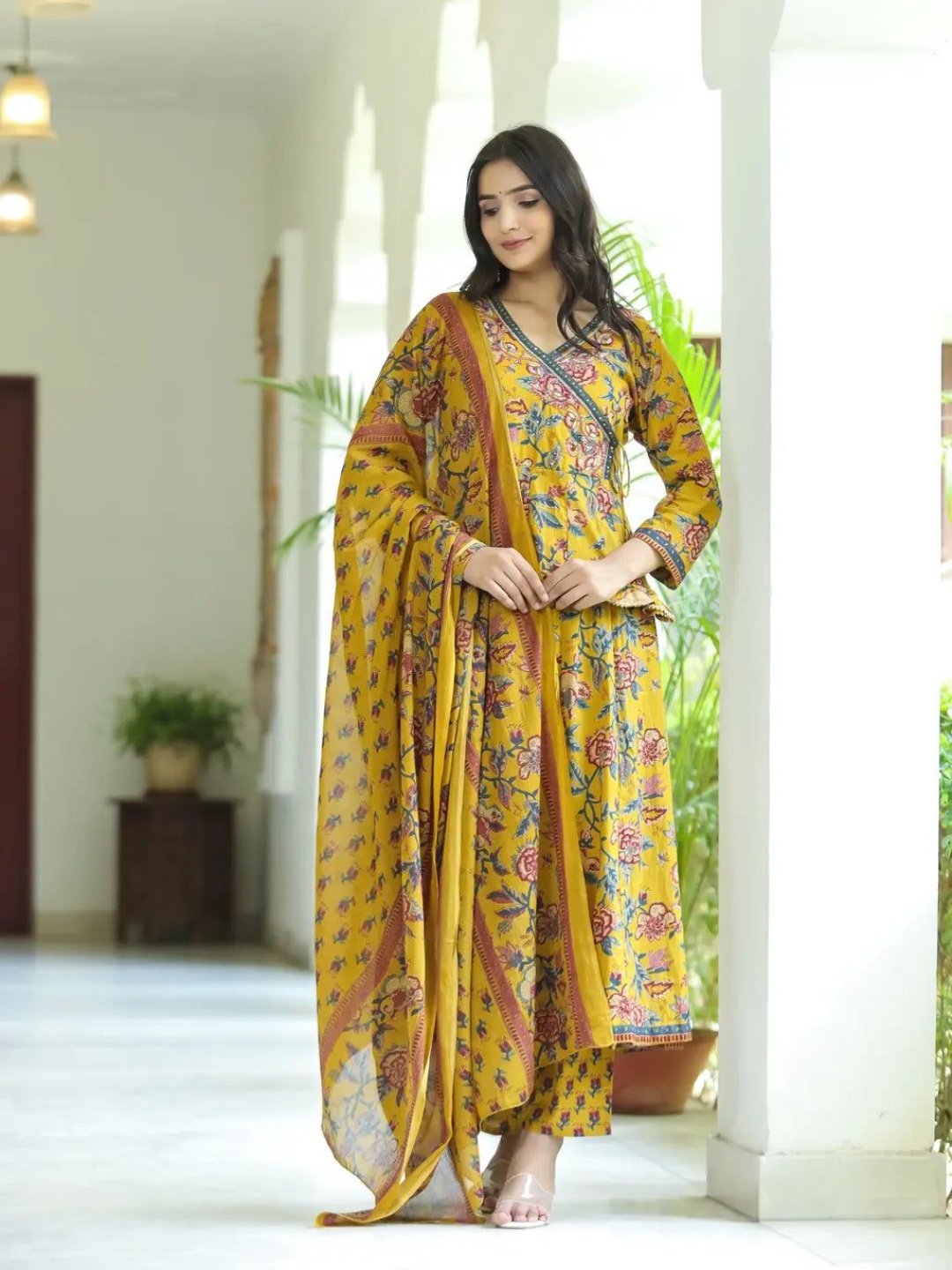 V.S.Creation Floral Printed Angrakha Pure Cotton Kurta With Trousers And Dupatta, Yellow
V.S.Creation Floral Printed Angrakha Pure Cotton Kurta With Trousers And Dupatta, Yellow