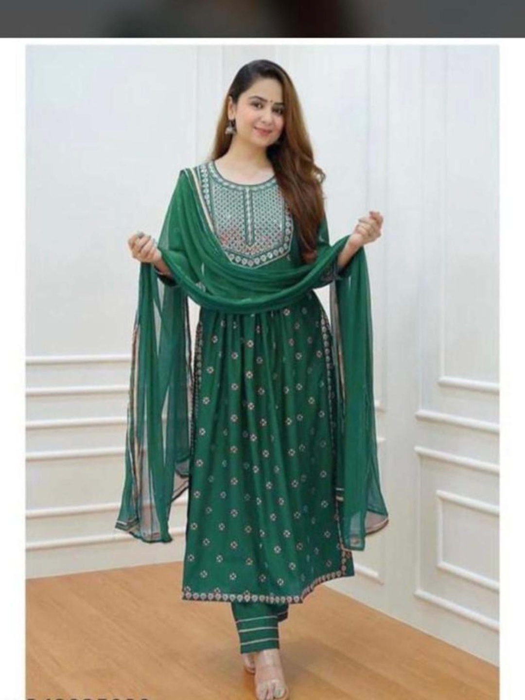 KALINI Ethnic Motifs Printed Empire Mirror Work Anarkali Kurta With Trousers & Dupatta, Green
KALINI Ethnic Motifs Printed Empire Mirror Work Anarkali Kurta With Trousers & Dupatta, Green
