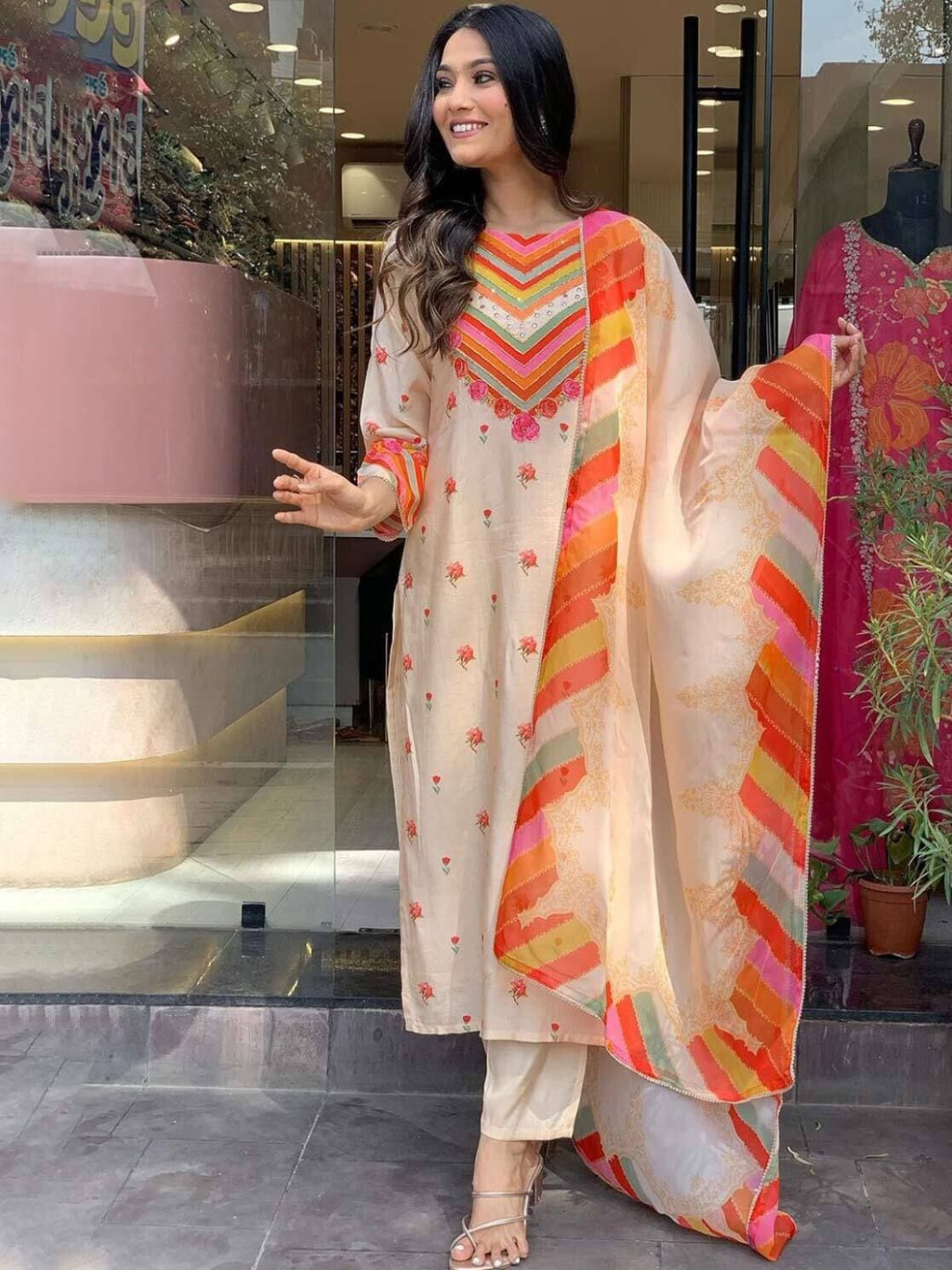 THE52 Floral Printed Mirror Work Chanderi Cotton Kurta With Trousers & Dupatta, Orange
THE52 Floral Printed Mirror Work Chanderi Cotton Kurta With Trousers & Dupatta, Orange