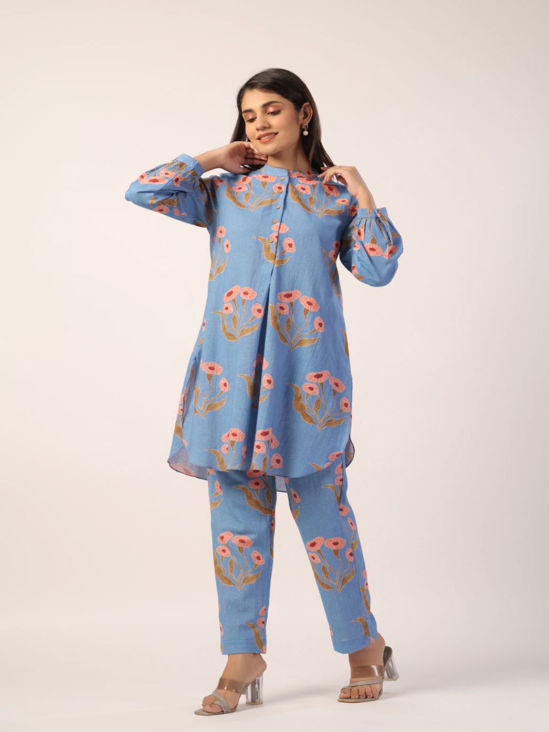 JAIPURRANG Floral Printed Mandarin Collar Puff Cuffs Pure Cotton Tunic And Trouser, Blue
JAIPURRANG Floral Printed Mandarin Collar Puff Cuffs Pure Cotton Tunic And Trouser, Blue