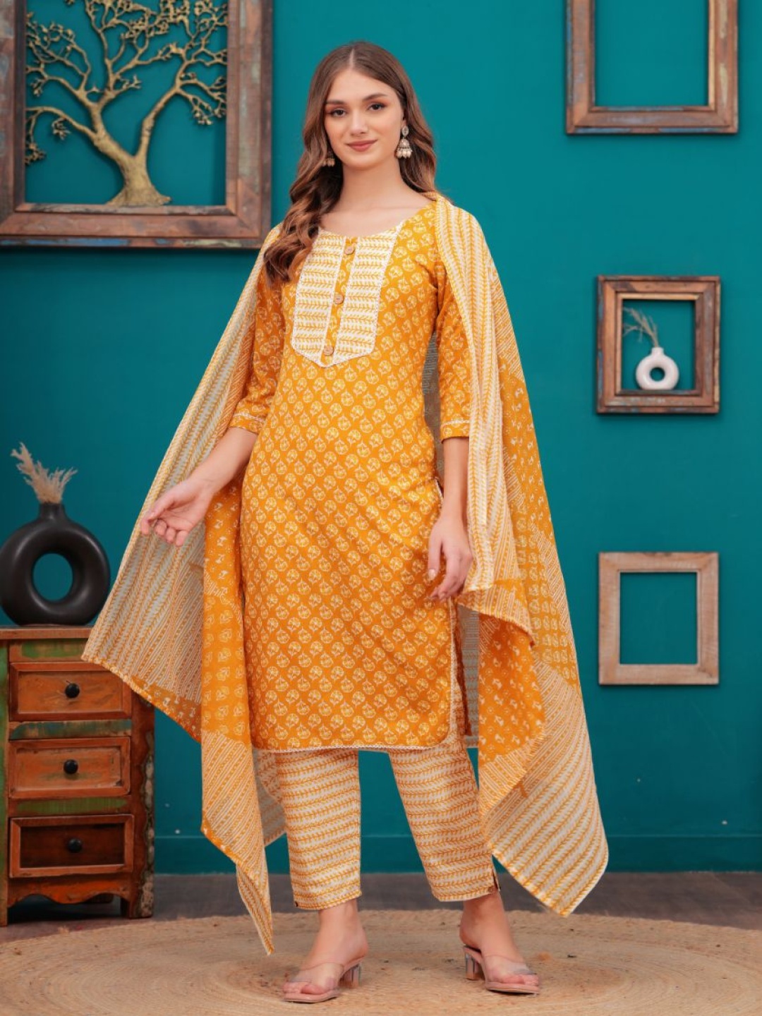 KALINI Floral Printed Embroidered Pure Cotton Straight Kurta With Trousers And Dupatta, Yellow
KALINI Floral Printed Embroidered Pure Cotton Straight Kurta With Trousers And Dupatta, Yellow