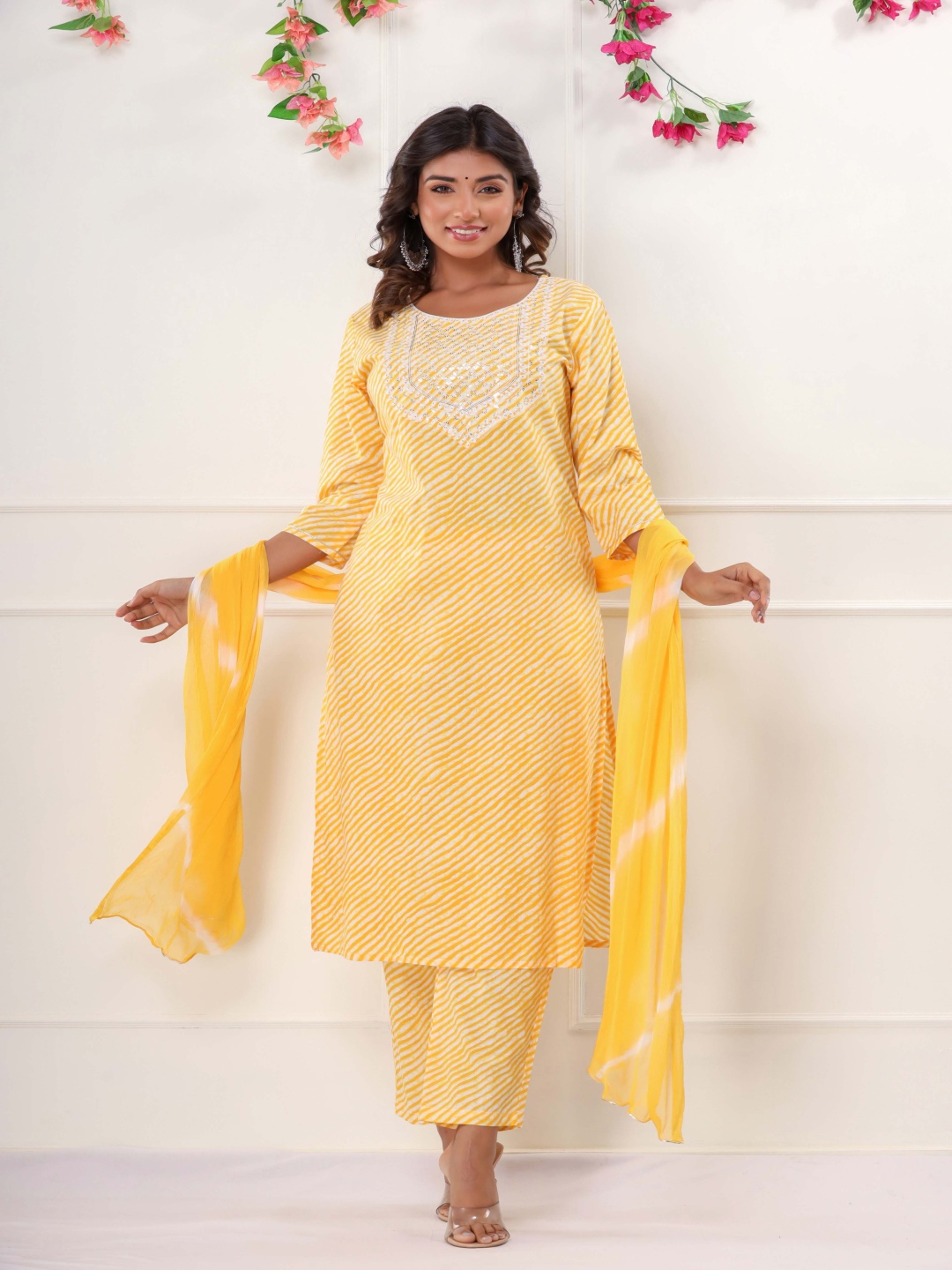 KALINI Women Leheriya Embroidered Regular Sequinned Pure Cotton Kurta with Trousers & With Dupatta, Yellow
KALINI Women Leheriya Embroidered Regular Sequinned Pure Cotton Kurta with Trousers & With Dupatta, Yellow