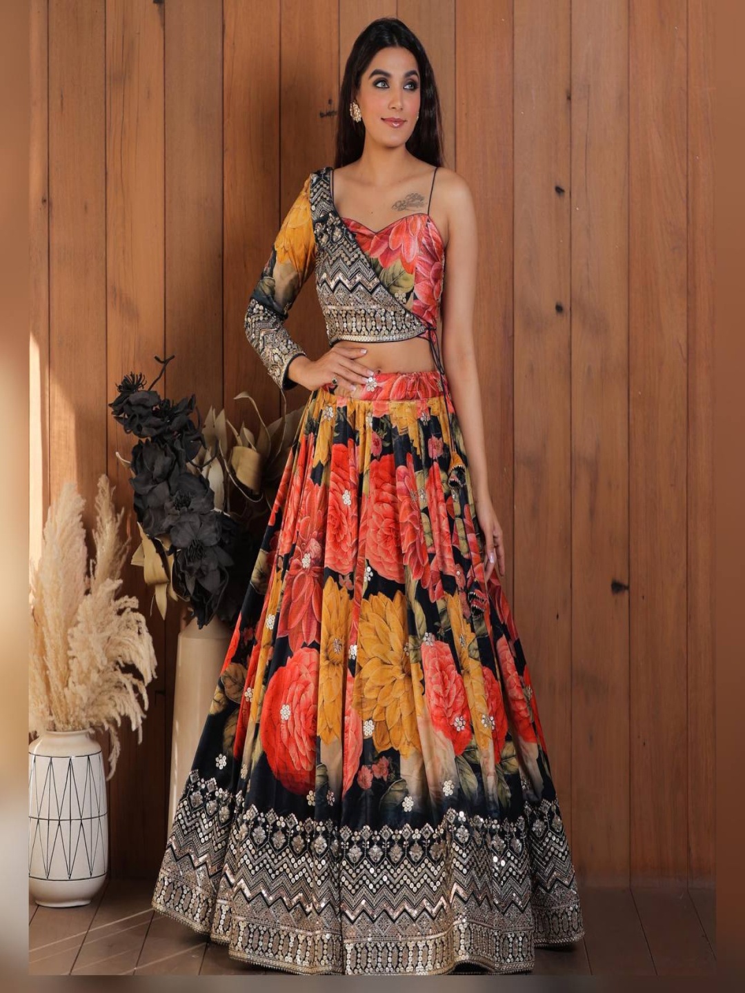 Ethnic Yard Embroidered Sequinned Semi-Stitched Lehenga & Blouse With Dupatta, Black
Ethnic Yard Embroidered Sequinned Semi-Stitched Lehenga & Blouse With Dupatta, Black