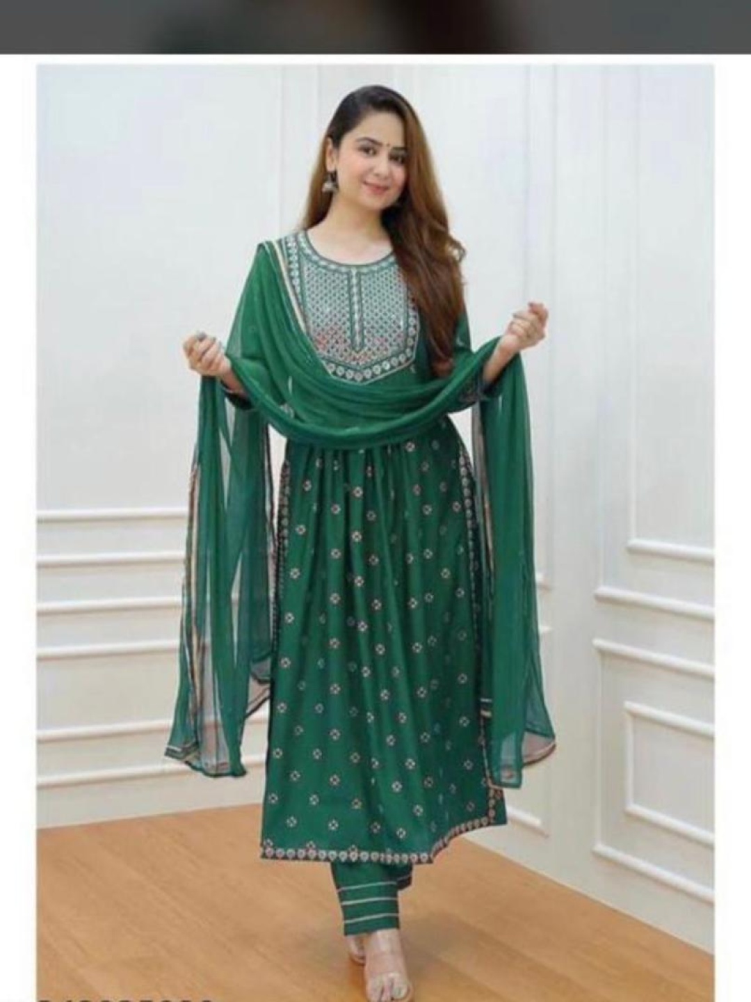 KALINI Floral Printed Mirror Work A-Line Kurta With Trousers & Dupatta, Green
KALINI Floral Printed Mirror Work A-Line Kurta With Trousers & Dupatta, Green
