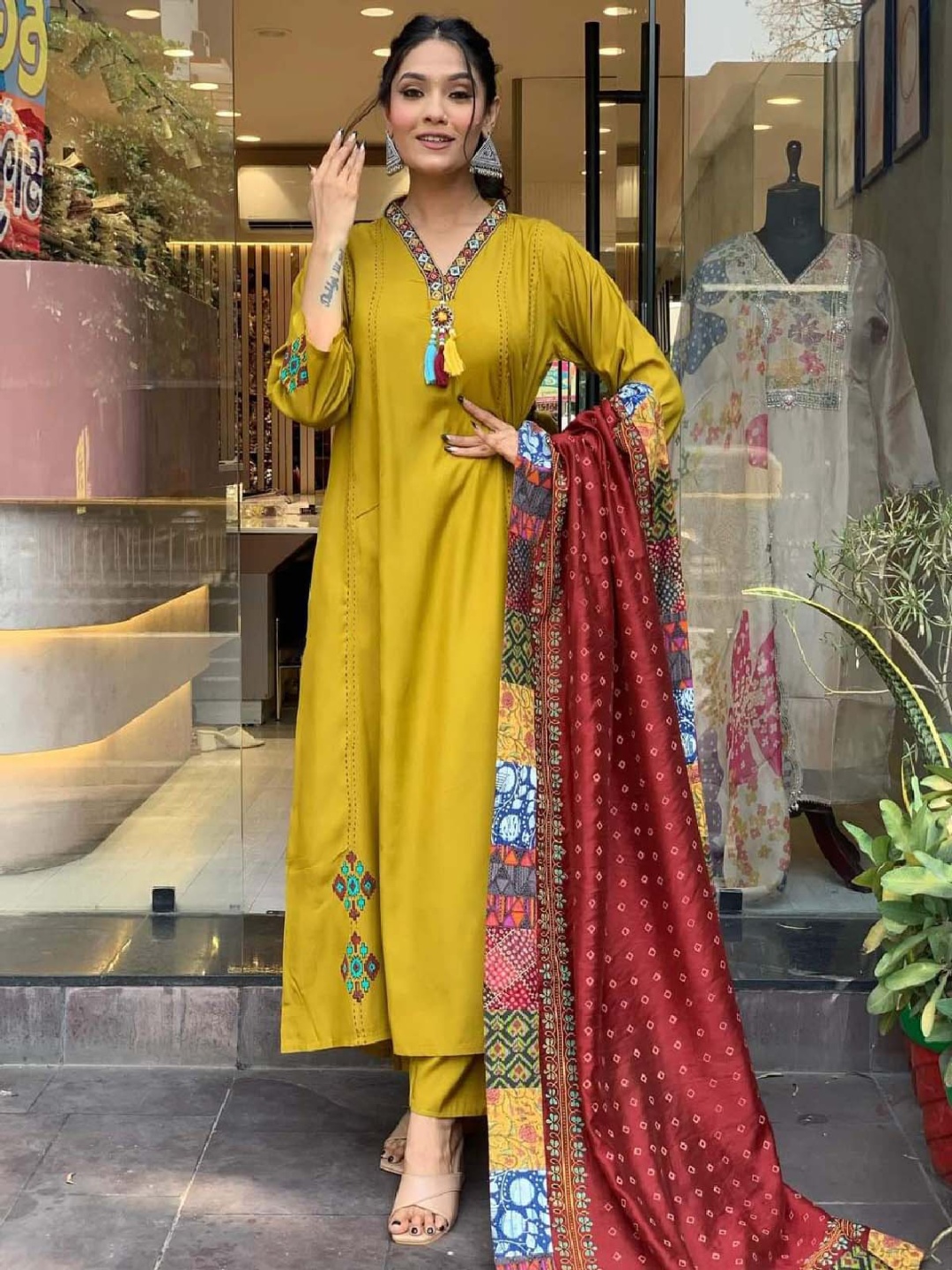 Yara Creation Ethnic Motifs Embroidered Chanderi Silk A-Line Kurta with Trousers & Dupatta, Mustard
Yara Creation Ethnic Motifs Embroidered Chanderi Silk A-Line Kurta with Trousers & Dupatta, Mustard