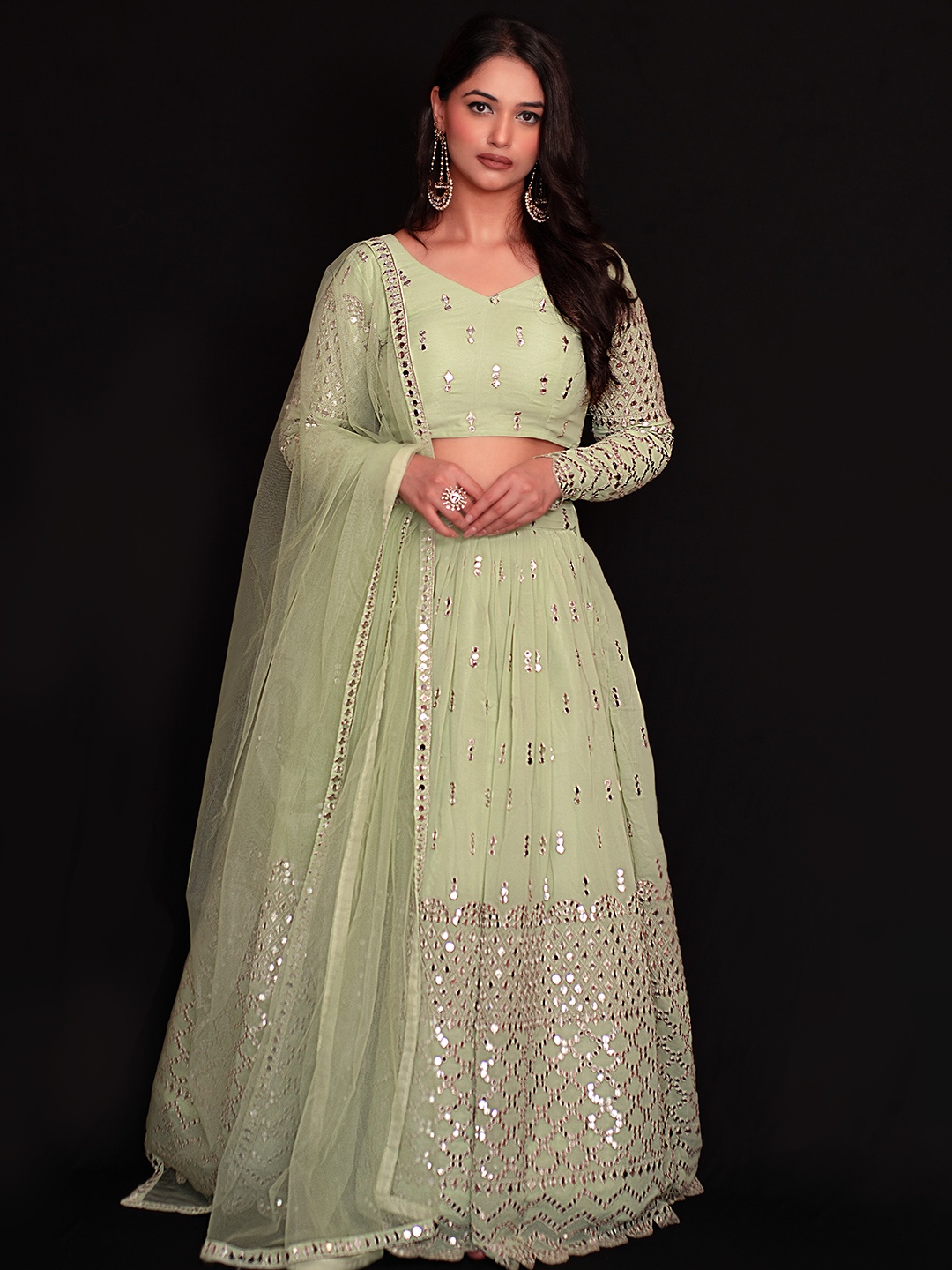 FABPIXEL Embroidered Mirror Work Semi-Stitched Lehenga & Unstitched Blouse With Dupatta, Sea green
FABPIXEL Embroidered Mirror Work Semi-Stitched Lehenga & Unstitched Blouse With Dupatta, Sea green