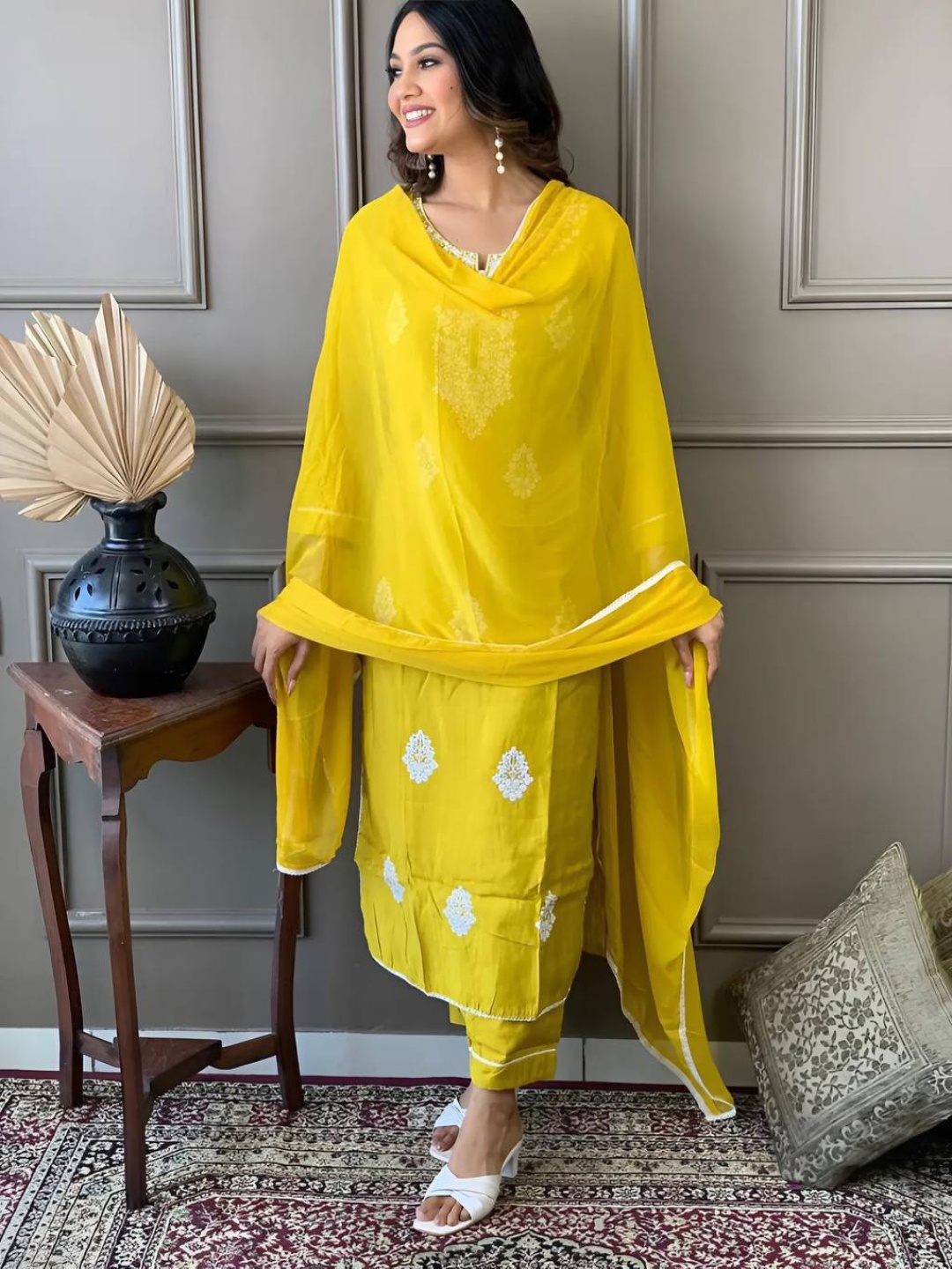 KALINI Floral Embroidered Chanderi Silk Straight Kurta With Trouser & Dupatta, Yellow
KALINI Floral Embroidered Chanderi Silk Straight Kurta With Trouser & Dupatta, Yellow