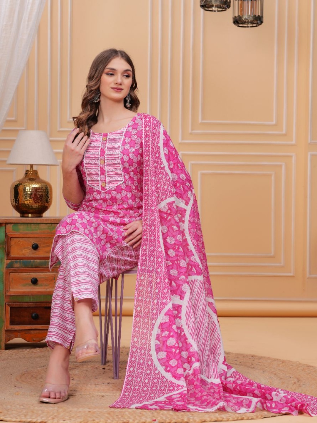 KALINI Floral Printed Round Neck Pure Cotton Straight Kurta With Trouser & Dupatta, Pink
KALINI Floral Printed Round Neck Pure Cotton Straight Kurta With Trouser & Dupatta, Pink