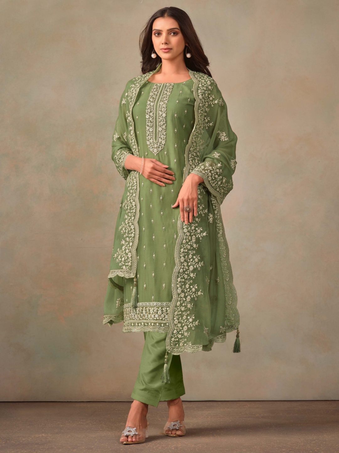 ASISA Floral Embroidered Thread Work Organza Straight Kurta With Trousers & Dupatta, Olive
ASISA Floral Embroidered Thread Work Organza Straight Kurta With Trousers & Dupatta, Olive