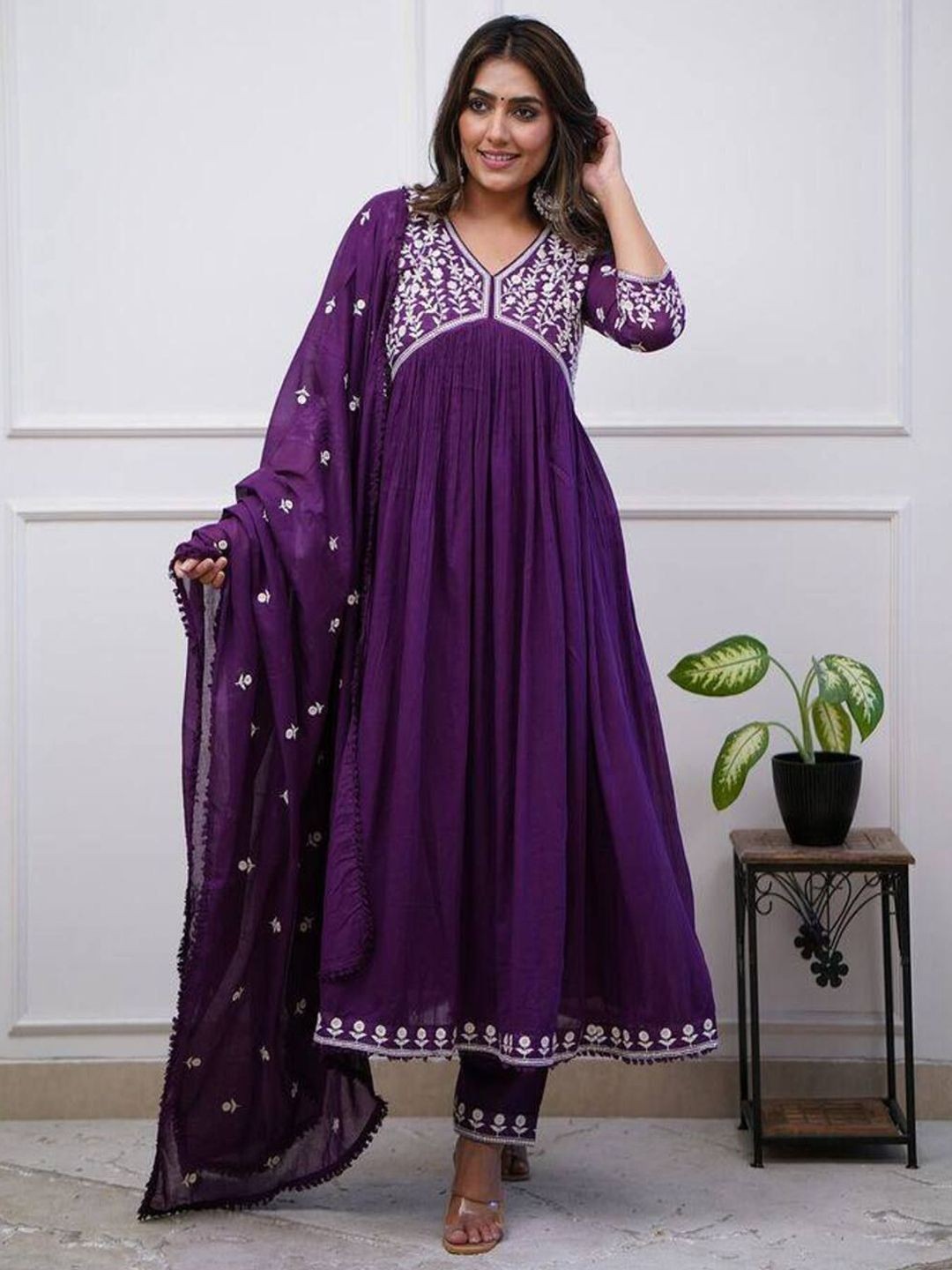REALLTREND Floral Embroidered Thread Work Empire Anarkali Kurta With Trousers And Dupatta, Purple
REALLTREND Floral Embroidered Thread Work Empire Anarkali Kurta With Trousers And Dupatta, Purple
