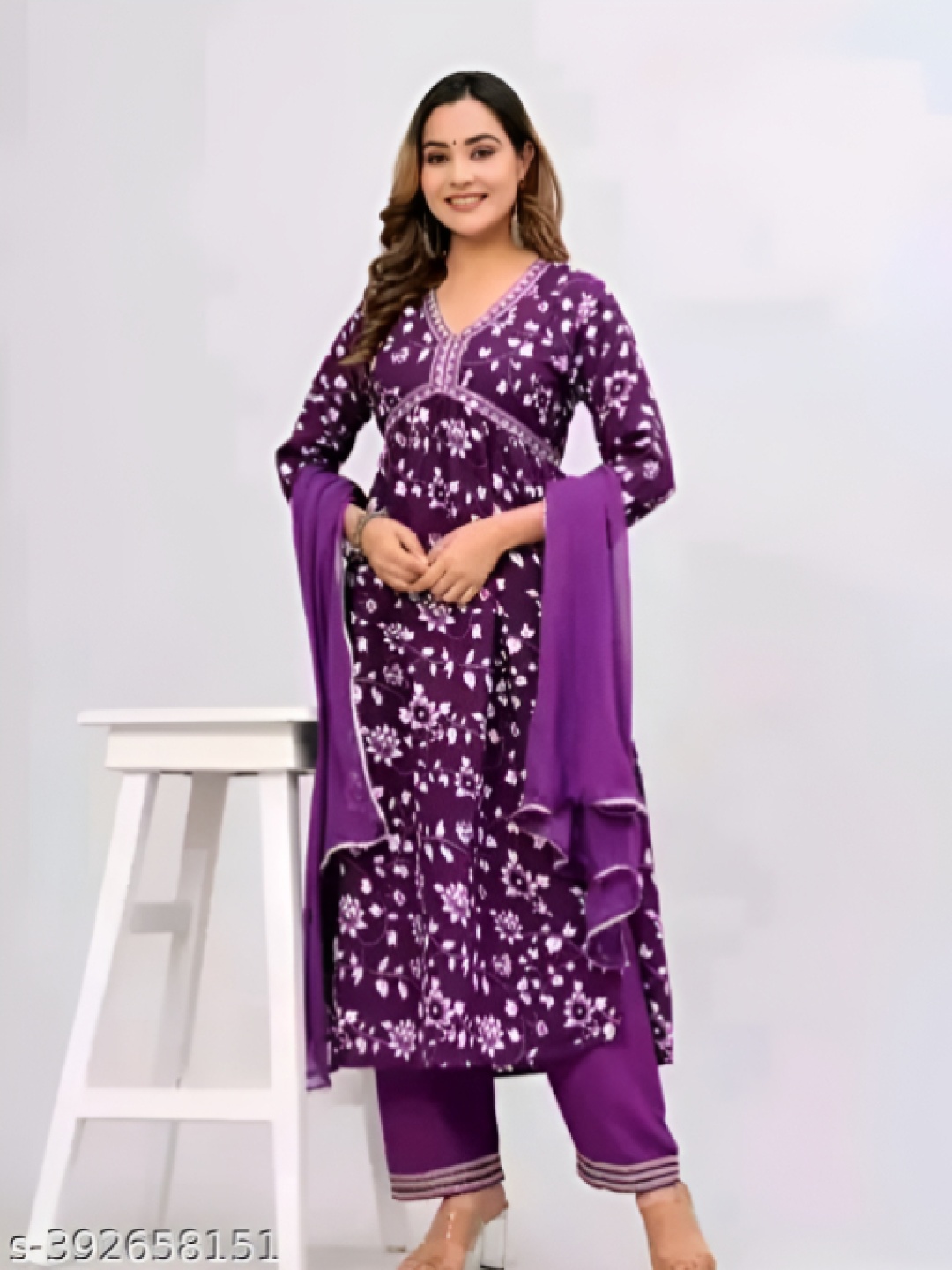 BAIRAJ Floral Printed V-Neck Sequinned Anarkali Kurta With Trousers & Dupatta, Purple
BAIRAJ Floral Printed V-Neck Sequinned Anarkali Kurta With Trousers & Dupatta, Purple