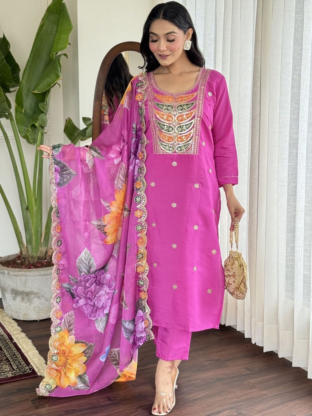 REALLTREND Floral Embroidered and Sequinned Poly Silk Kurta With Trousers & Dupatta, Pink
REALLTREND Floral Embroidered and Sequinned Poly Silk Kurta With Trousers & Dupatta, Pink