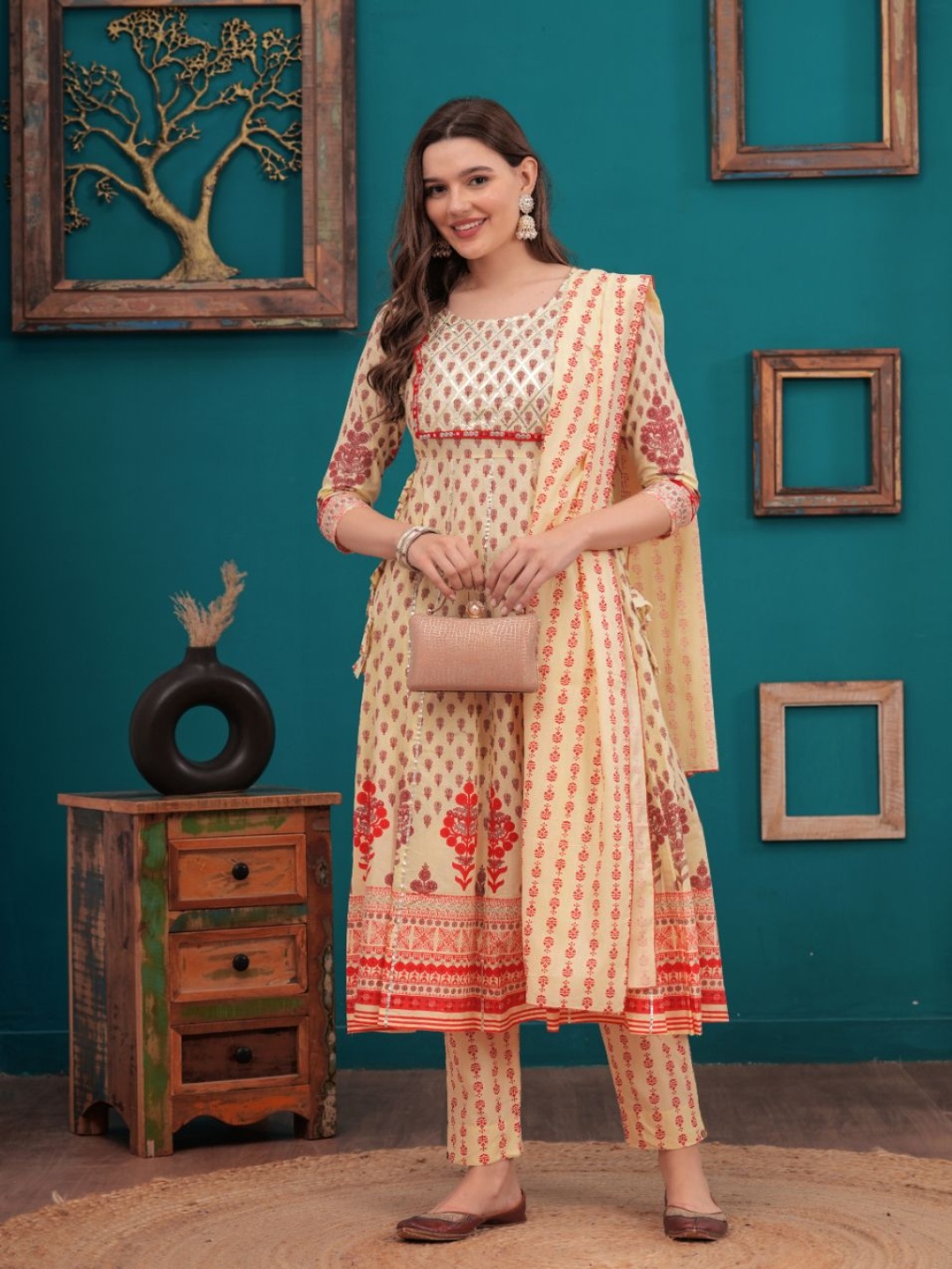 JC4U Floral Printed Pure Cotton Gotta Patti Anarkali Kurta With Trousers And Dupatta, Cream
JC4U Floral Printed Pure Cotton Gotta Patti Anarkali Kurta With Trousers And Dupatta, Cream