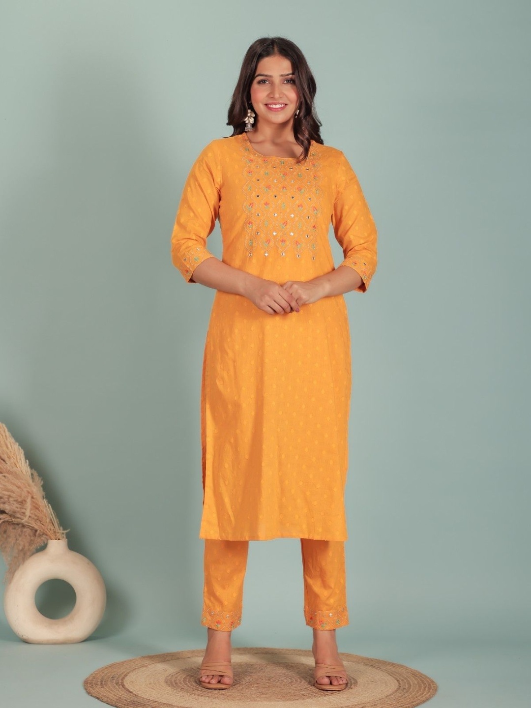 Aramya Floral embroidered Mirror Work Soft Cotton Straight Kurta With Trousers, Yellow
Aramya Floral embroidered Mirror Work Soft Cotton Straight Kurta With Trousers, Yellow