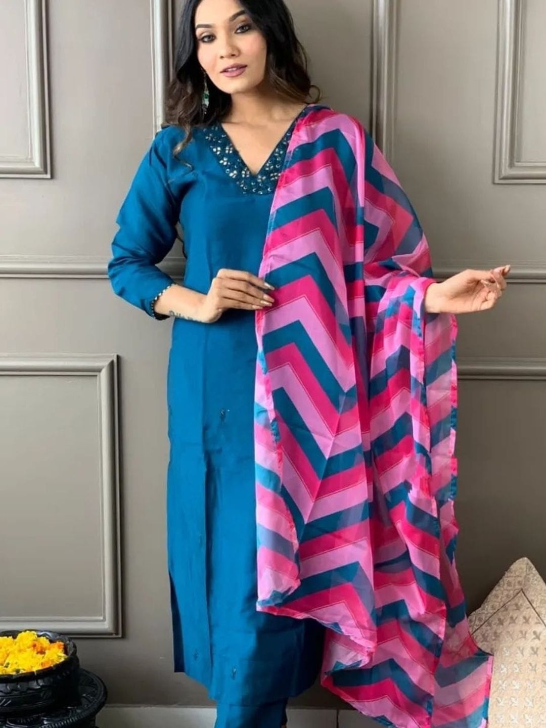 KALINI Floral Embroidered V-Neck Straight Kurta With Trousers And Dupatta, Turquoise blue
KALINI Floral Embroidered V-Neck Straight Kurta With Trousers And Dupatta, Turquoise blue