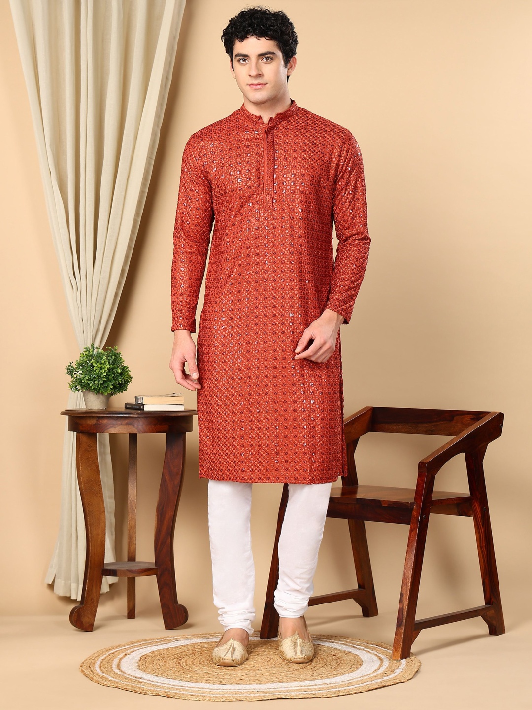 TATTVA Floral Embroidered Mandarin Collar Sequinned Pure Cotton Straight Kurta With Pyjama, Red
TATTVA Floral Embroidered Mandarin Collar Sequinned Pure Cotton Straight Kurta With Pyjama, Red