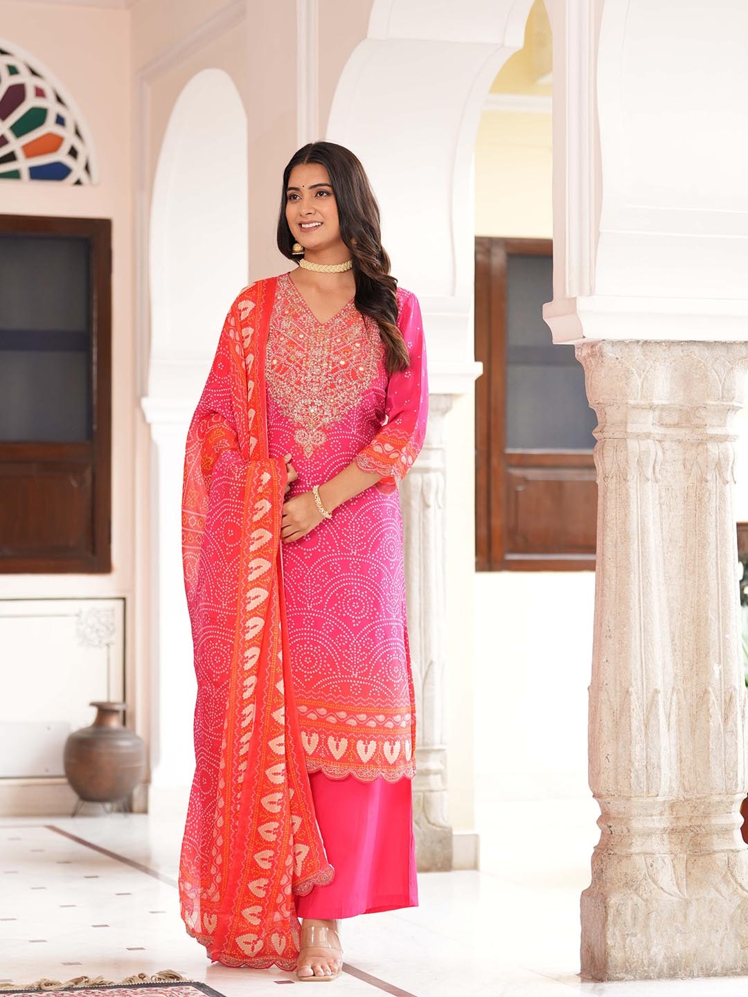 Meeranshi Bandhani Printed Zari Pure Silk Straight Kurta With Palazzo And Dupatta, Pink
Meeranshi Bandhani Printed Zari Pure Silk Straight Kurta With Palazzo And Dupatta, Pink