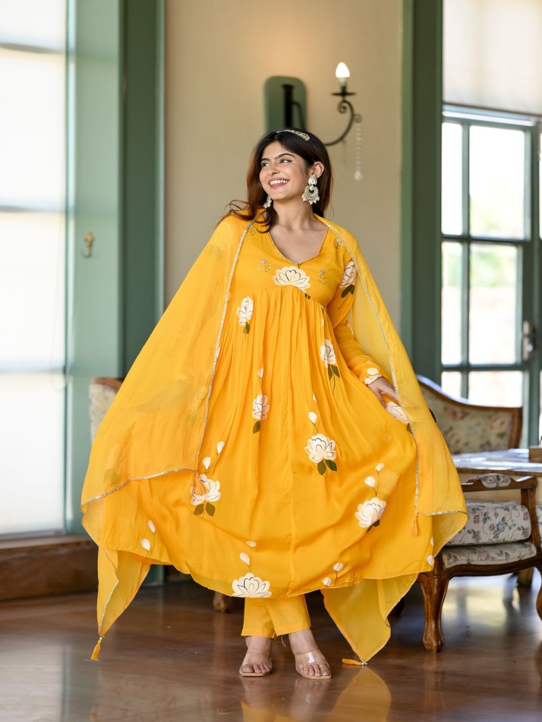 Mirayaz Floral Printed Pleated Anarkali V- Neck Kurta With Trouser And Dupatta, Yellow
Mirayaz Floral Printed Pleated Anarkali V- Neck Kurta With Trouser And Dupatta, Yellow