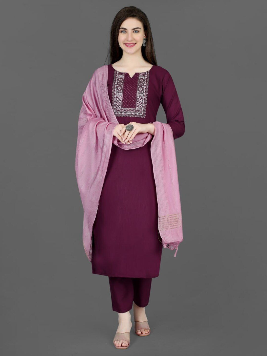 SHIJILA Ethnic Motifs Embroidered Thread Work V Neck Kurta With Trouser And Dupatta, Purple
SHIJILA Ethnic Motifs Embroidered Thread Work V Neck Kurta With Trouser And Dupatta, Purple