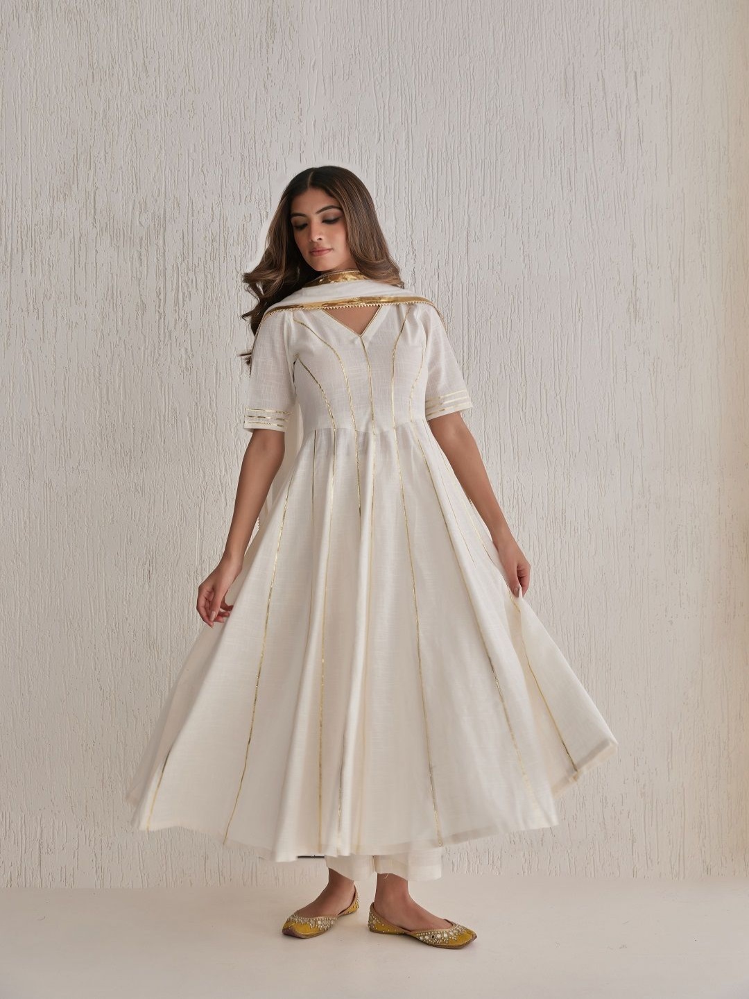 IMROZ HOUSE Striped Gotta Patti Pure Cotton Empire Anarkali Kurta With Trousers & Dupatta, White
IMROZ HOUSE Striped Gotta Patti Pure Cotton Empire Anarkali Kurta With Trousers & Dupatta, White
