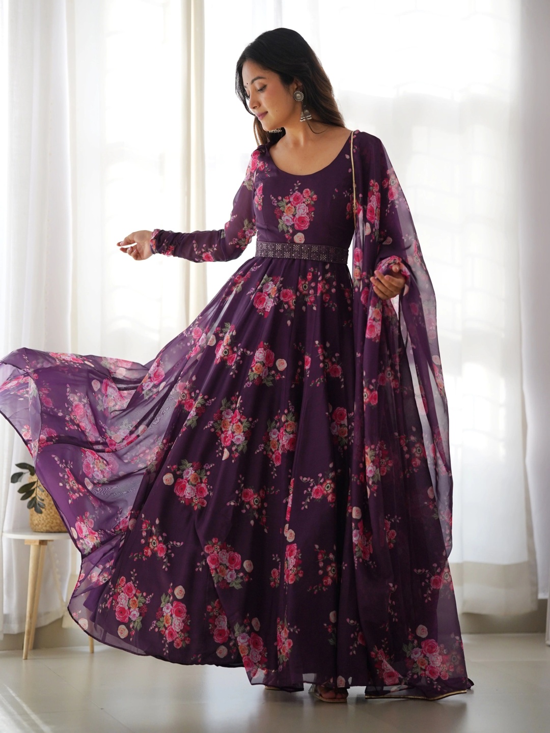 GRISHU COLLECTION Floral Printed Organza Anarkali Kurta With Trousers And Dupatta, Purple
GRISHU COLLECTION Floral Printed Organza Anarkali Kurta With Trousers And Dupatta, Purple