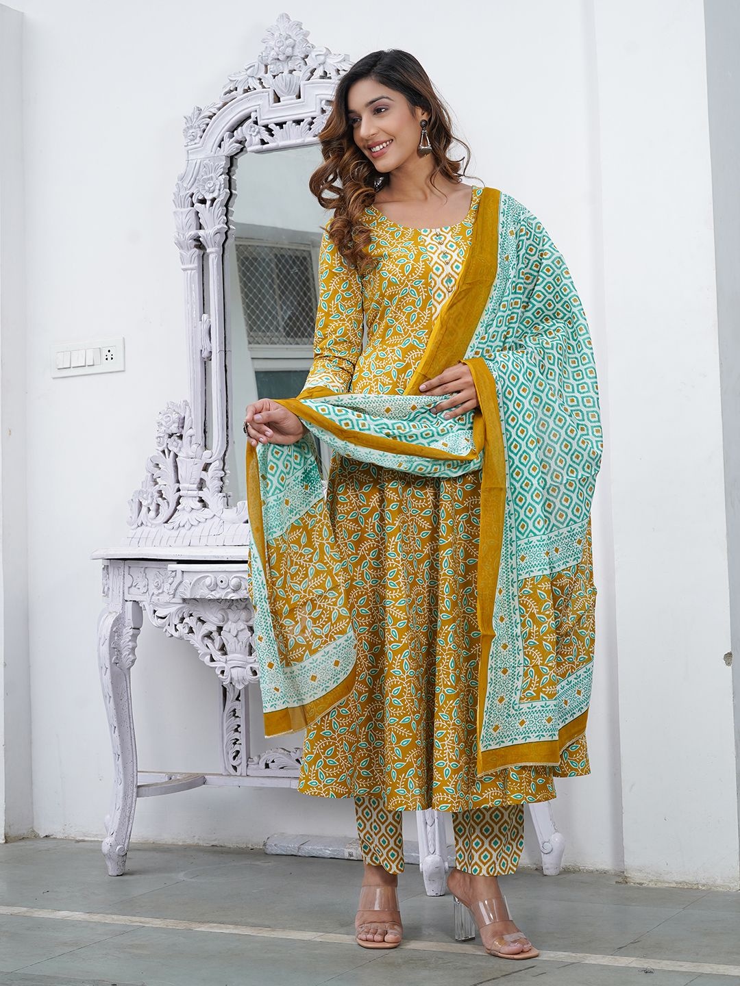 Jaitpuriya Ethnic Motifs Printed Pure Cotton Anarkali Kurta With Trousers And Dupatta, Mustard
Jaitpuriya Ethnic Motifs Printed Pure Cotton Anarkali Kurta With Trousers And Dupatta, Mustard