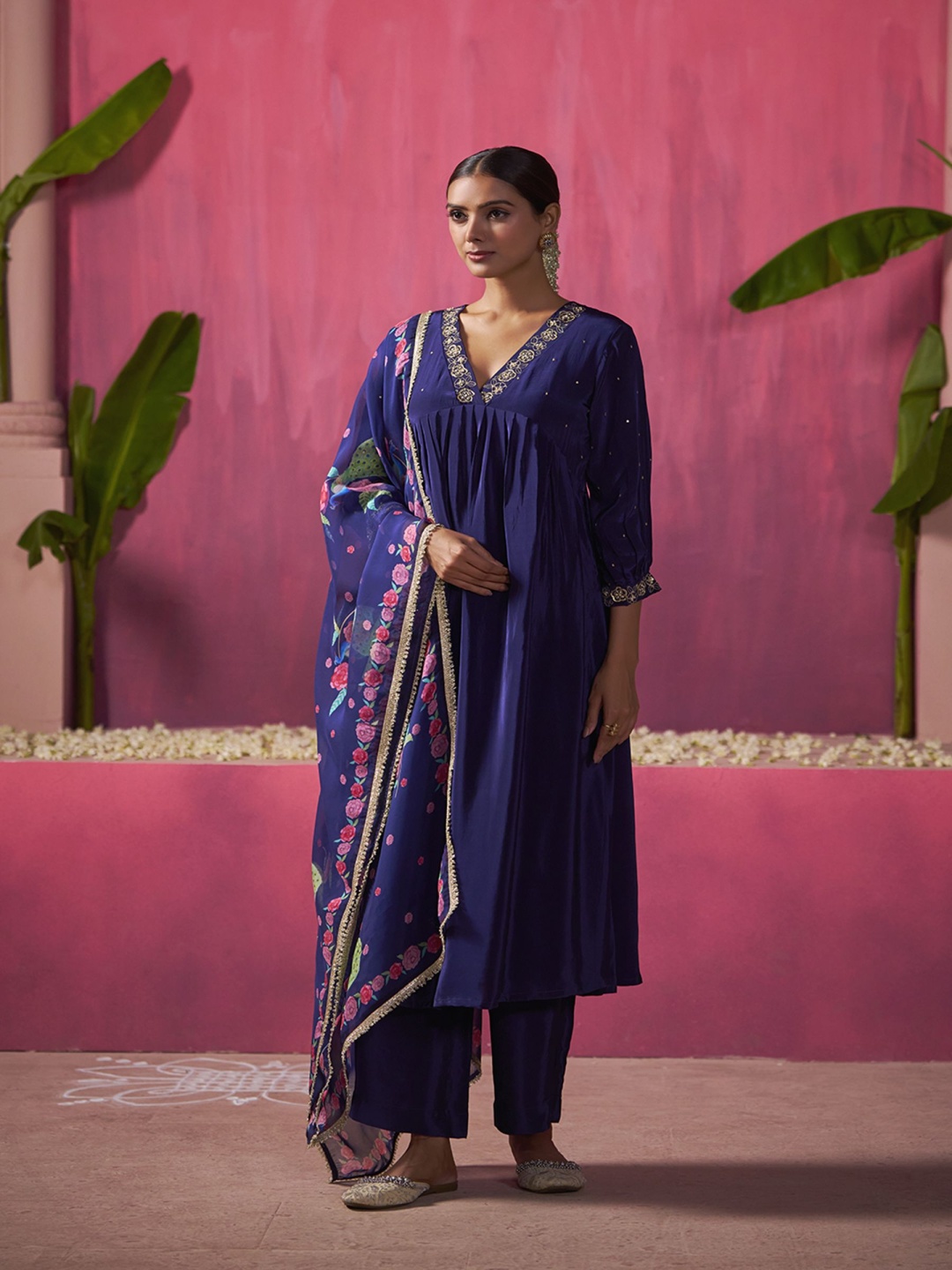 SUKRUTI DESIGN Floral Embroidered Embellished Pleated A-Line Kurta With Palazzo & Dupatta, Navy blue
SUKRUTI DESIGN Floral Embroidered Embellished Pleated A-Line Kurta With Palazzo & Dupatta, Navy blue