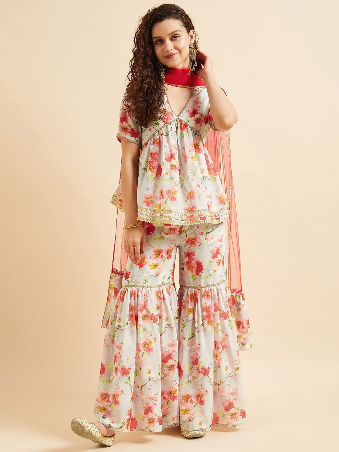 PANIT Floral Printed V-Neck Empire Gotta Patti Anarkali Kurta With Sharara And Dupatta, Beige
PANIT Floral Printed V-Neck Empire Gotta Patti Anarkali Kurta With Sharara And Dupatta, Beige