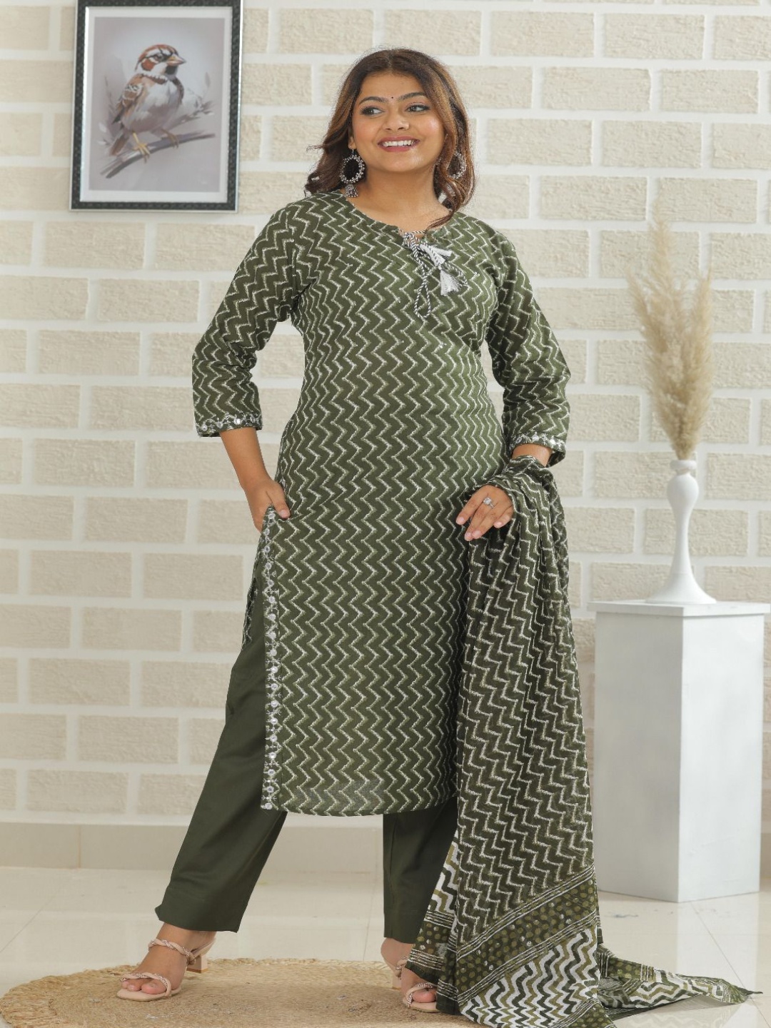 KALINI Chevron Printed Pure Cotton Straight Kurta With Trousers And Dupatta, Olive
KALINI Chevron Printed Pure Cotton Straight Kurta With Trousers And Dupatta, Olive