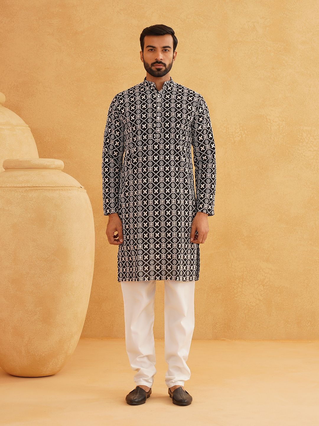 SOJANYA Floral Embroidered Sequinned Band Collar Pure Cotton Kurta With Churidar, Black
SOJANYA Floral Embroidered Sequinned Band Collar Pure Cotton Kurta With Churidar, Black