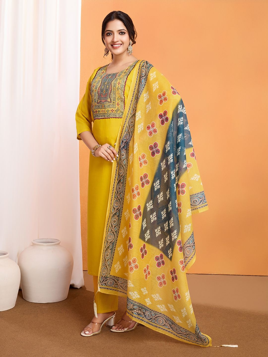 LeeliPeeri Designer Floral Embroidered Straight Kurta with Trousers And Dupatta, Yellow
LeeliPeeri Designer Floral Embroidered Straight Kurta with Trousers And Dupatta, Yellow