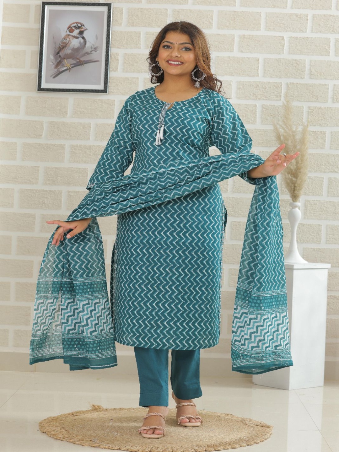 KALINI Chevron Printed Pure Cotton Straight Kurta With Trousers And Dupatta, Sea green
KALINI Chevron Printed Pure Cotton Straight Kurta With Trousers And Dupatta, Sea green