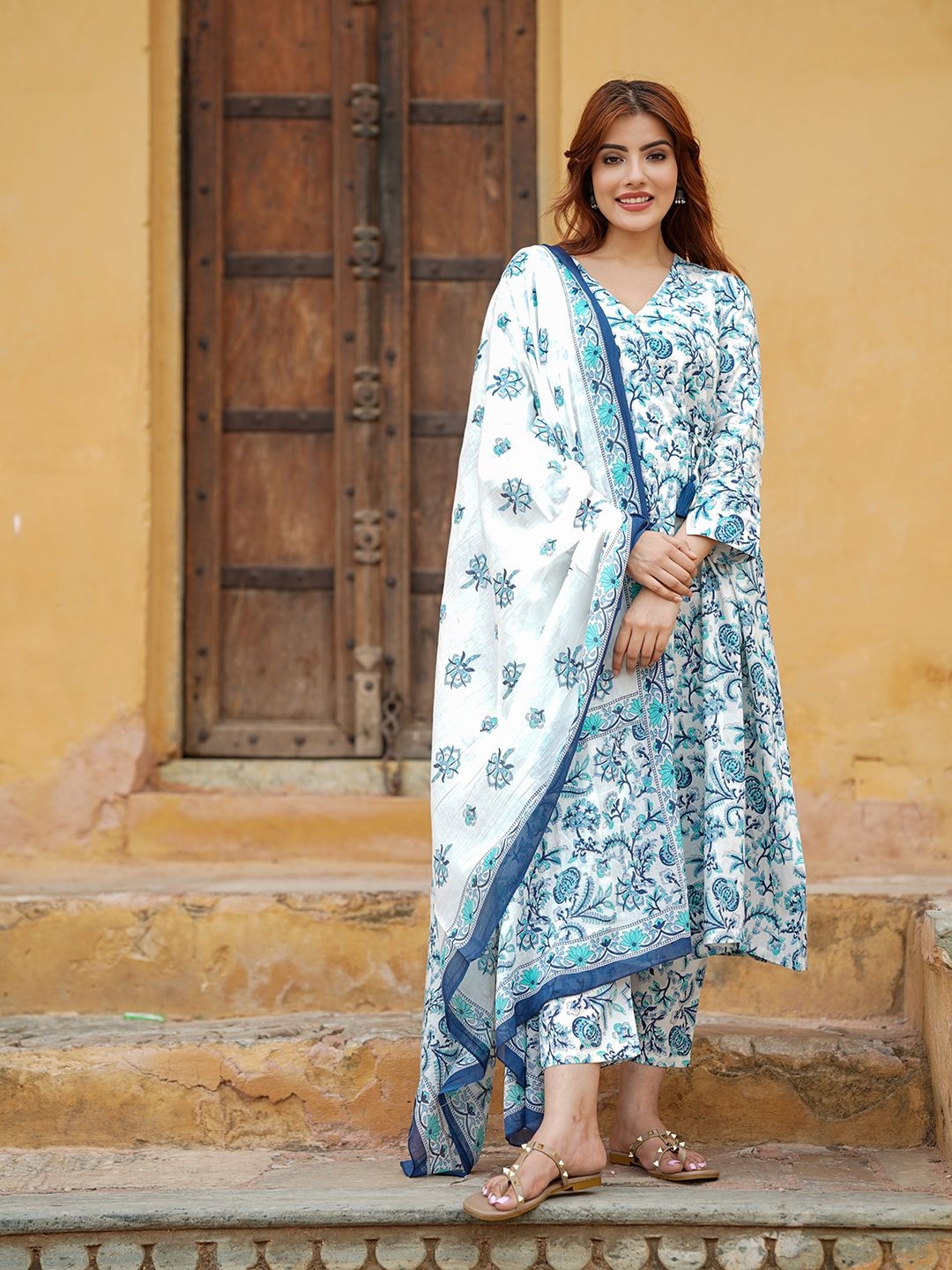 Jaitpuriya Floral Printed Angrakha V-Neck Pure Cotton A-Line Kurta With Trousers & Dupatta, Blue
Jaitpuriya Floral Printed Angrakha V-Neck Pure Cotton A-Line Kurta With Trousers & Dupatta, Blue