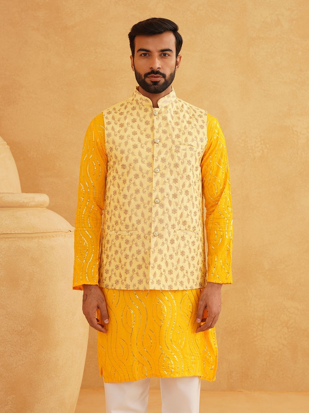 SOJANYA Leheriya Sequinned Band Collar Pure Cotton Kurta With Churidar And Nehru Jacket, Mustard
SOJANYA Leheriya Sequinned Band Collar Pure Cotton Kurta With Churidar And Nehru Jacket, Mustard