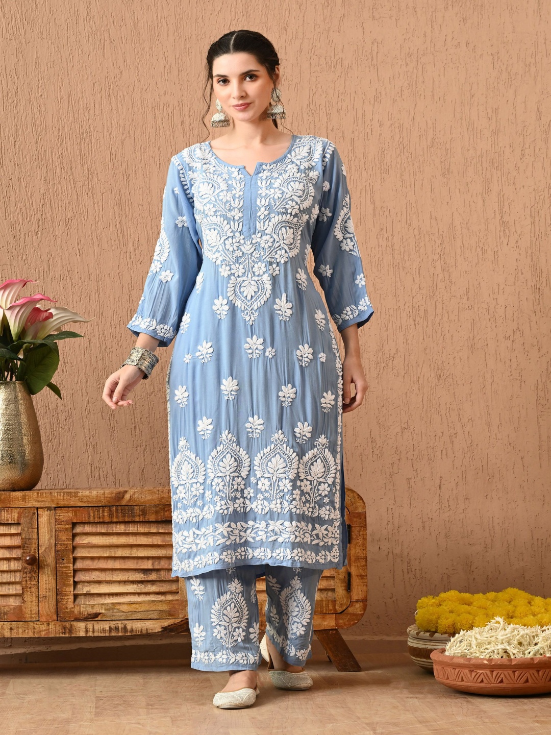 Syrish Floral Embroidered Chikankari Notch Neck Pure Cotton Straight Kurta with Palazzo, Blue
Syrish Floral Embroidered Chikankari Notch Neck Pure Cotton Straight Kurta with Palazzo, Blue