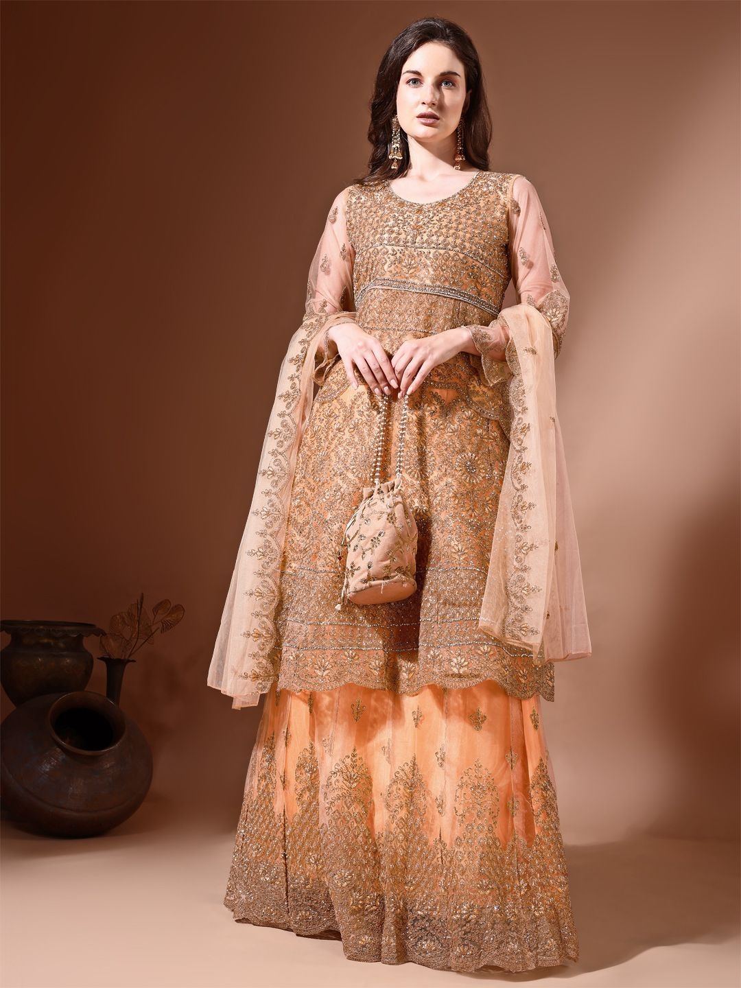 Ahalyaa Floral Embroidered Beads and Stones Semi-Stitched Kurta With Lehanga & Dupatta, Peach
Ahalyaa Floral Embroidered Beads and Stones Semi-Stitched Kurta With Lehanga & Dupatta, Peach