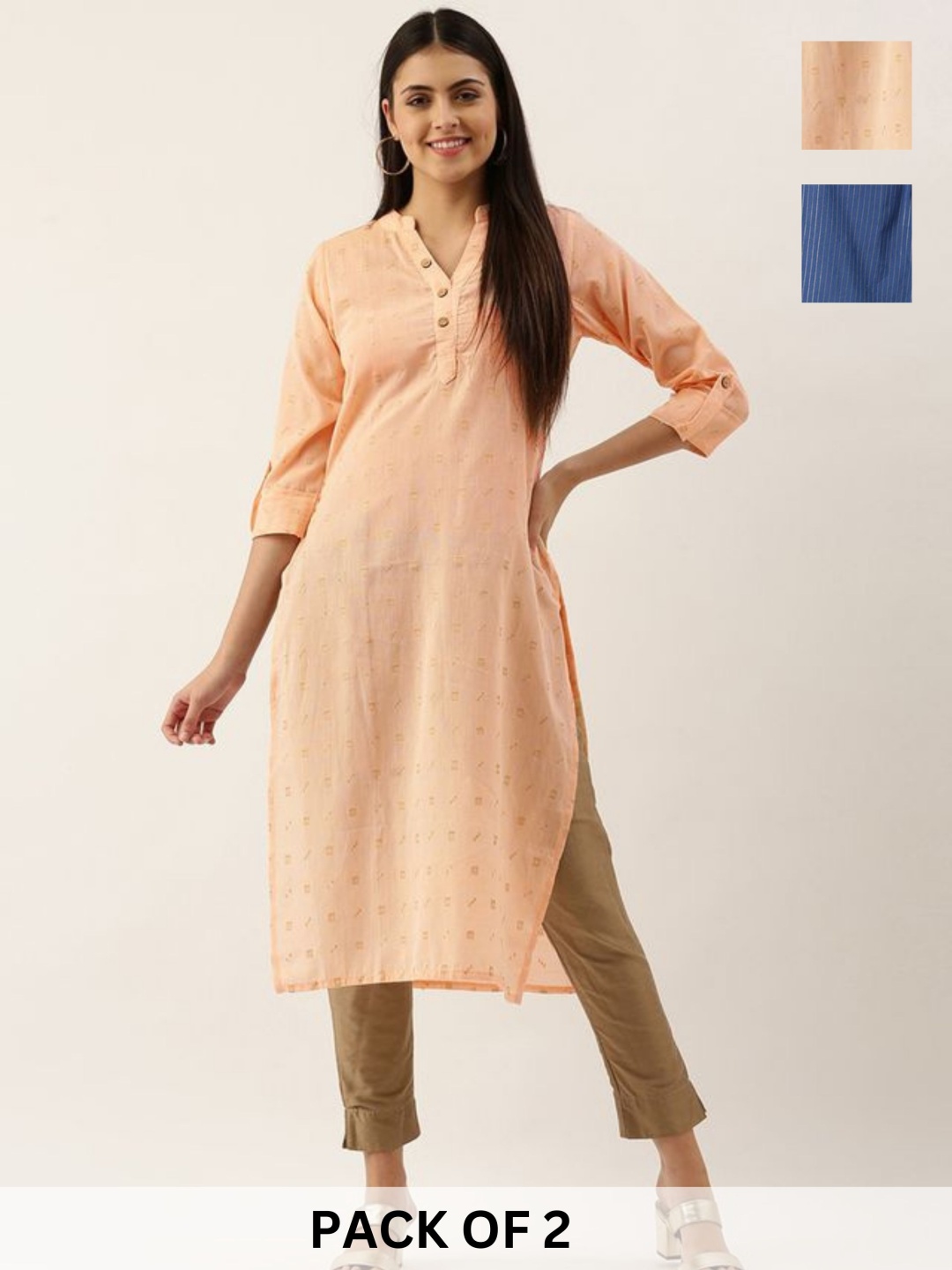 KALINI Selection Of 2 Ethnic Motifs Mandarin Collar Neck Pure Cotton Straight Kurta, Peach
KALINI Selection Of 2 Ethnic Motifs Mandarin Collar Neck Pure Cotton Straight Kurta, Peach
