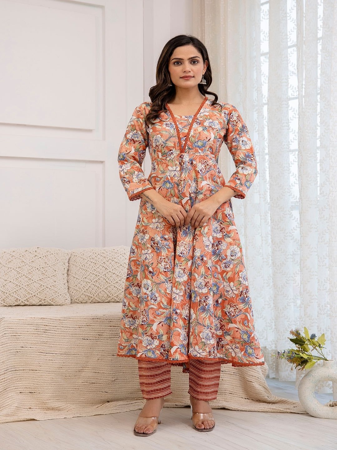 PARTHVI Floral Printed V-Neck Pure Cotton Anarkali Kurta With Trousers And Dupatta, Peach
PARTHVI Floral Printed V-Neck Pure Cotton Anarkali Kurta With Trousers And Dupatta, Peach